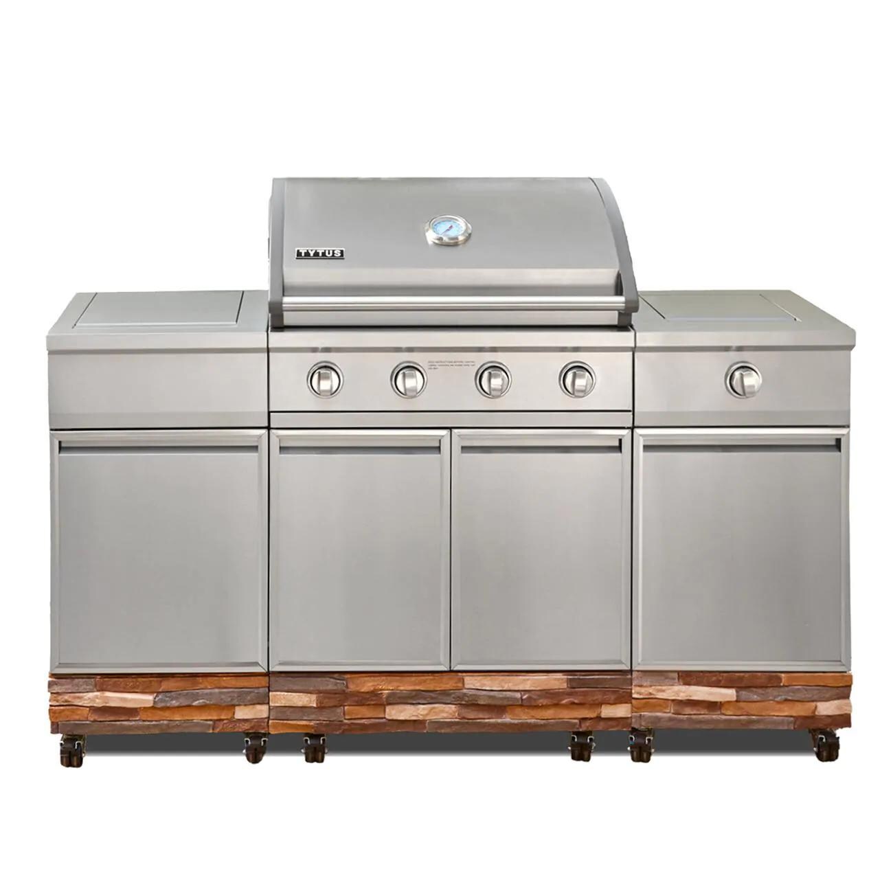 TYTUS TI404MGGLP Ash Stacked Stone 4-Burner Natural Gas Grill Island With Sear Burner & Ice Bucket (Ships as Propane with Conversion Fittings) - Island Front