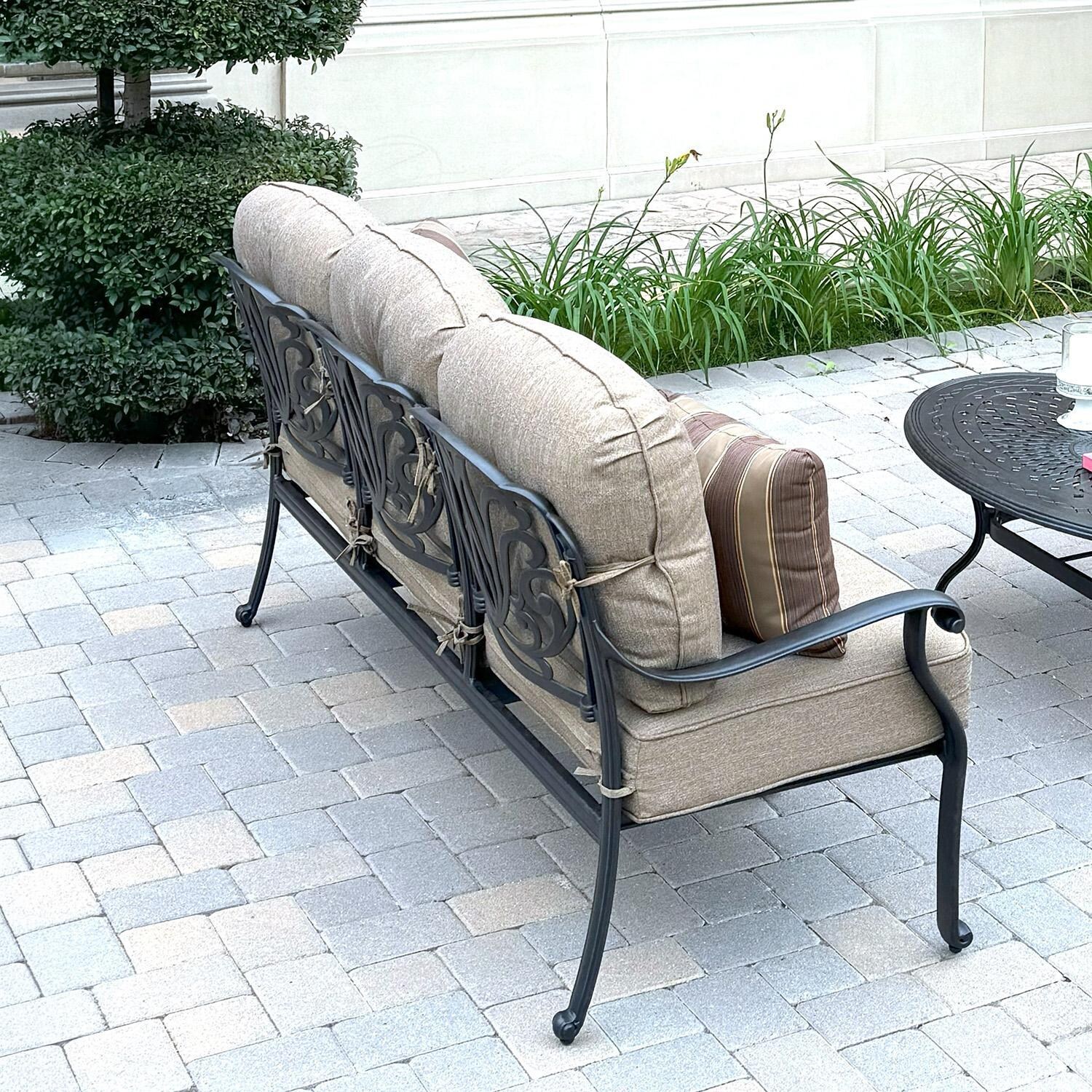 Darlee Elisabeth 2 Pc Cast Aluminum Seating Set w/ 46 X 31 Inch Oval Table & Throw Pillows in Antique Bronze/Beige - Sofa Back - Lifestyle thumbnail