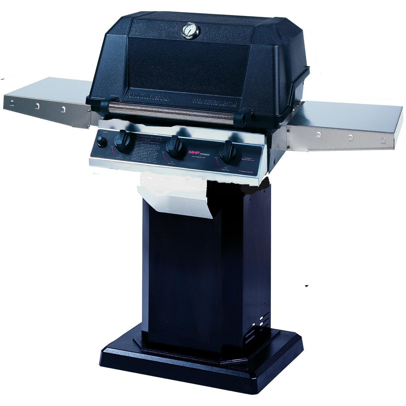 MHP WHRG4DD Hybrid Natural Gas Grill W/ SearMagic Grids On Black Patio Base