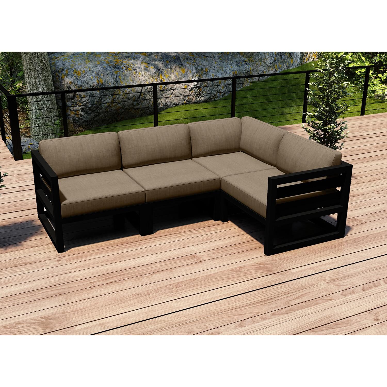 Lakeview MSTYCV-BK-4SEC-HB Misty Cove 4 Pc Aluminum Sectional Set in Black w/Heather Beige Cushions by Lakeview Outdoor Designs - Set on Deck - Lifestyle thumbnail