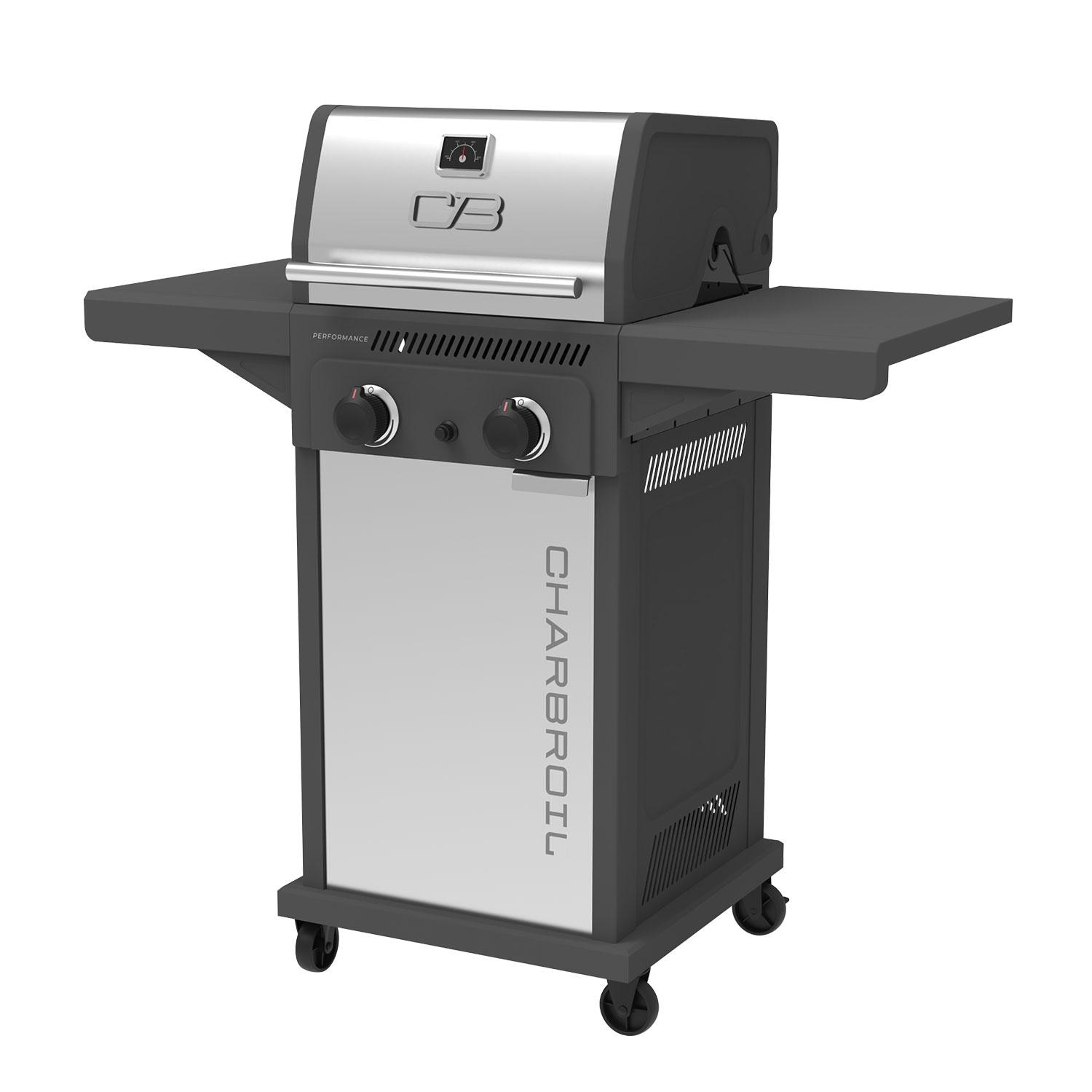 Charbroil 463663125 Performance Series 2 Burner Propane Grill Cabinet W/ Foldable Side Shelves, Grey & Stainless Steel - Angled - White Background thumbnail