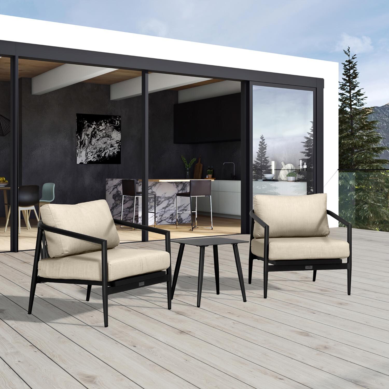 Lakeview Midnight Cove 3 Pc Aluminum Club Chair Seating Set in Black/Carbon/Canvas Flax - Detail - Lifestyle thumbnail