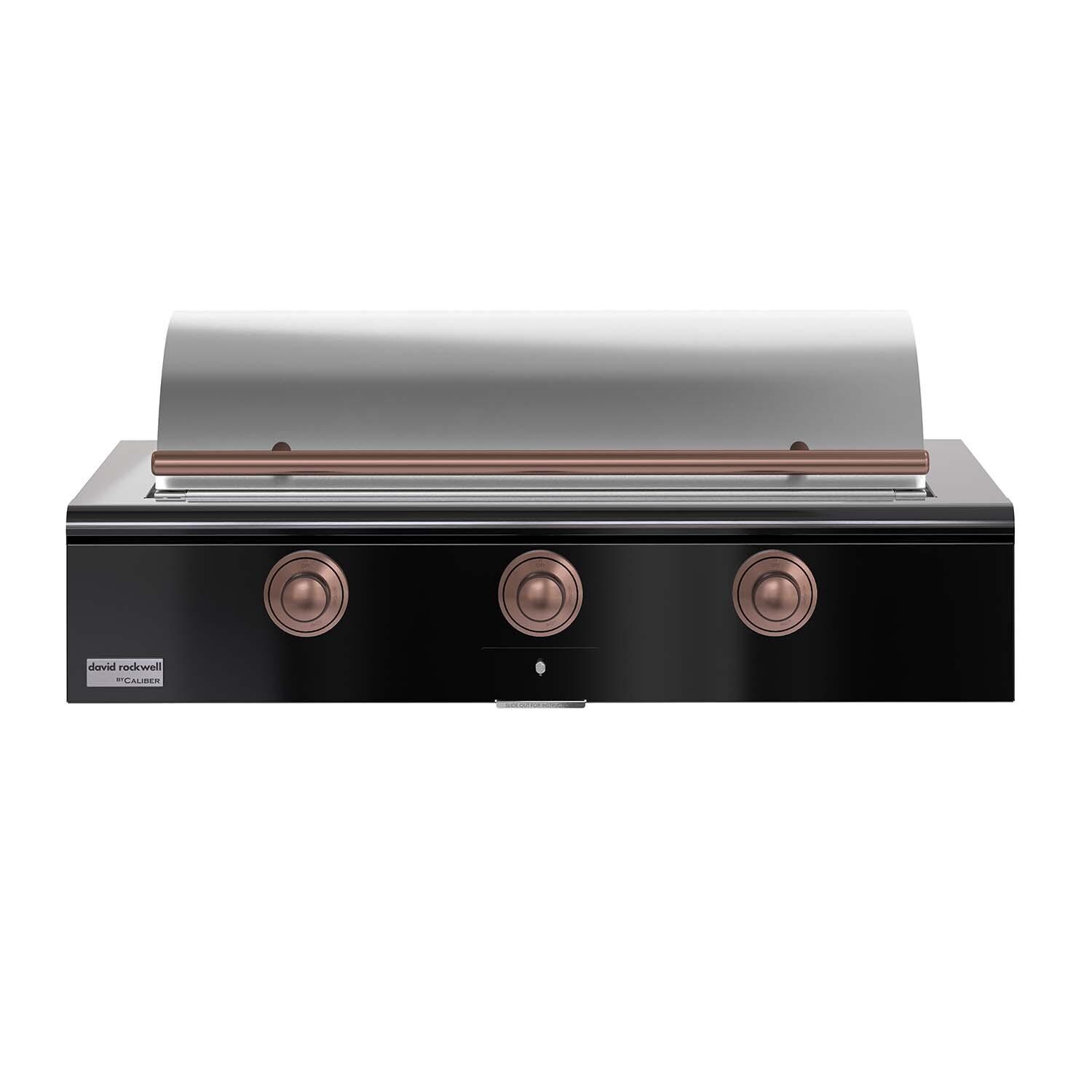 Caliber CRG-48BN00-A-044-H03 48-in Natural Gas Built-In Rockwell Grill - Gloss Black w/ Copper Hardware - Closed Lid - White Background thumbnail