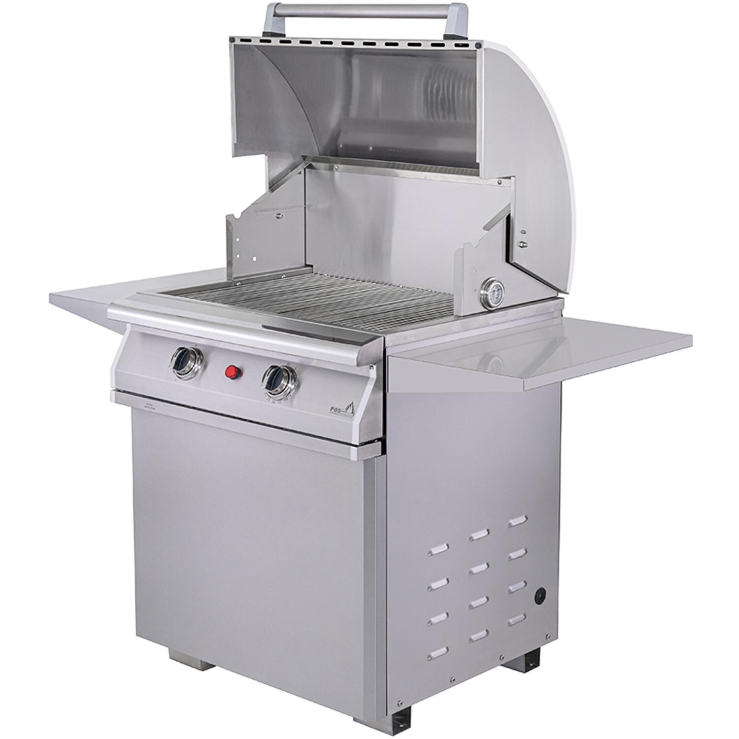 PGS E27T Commercial T-Series 30 Inch Electric Grill On Pedestal w/ Timer - Lid Open Right Angle - White Background thumbnail