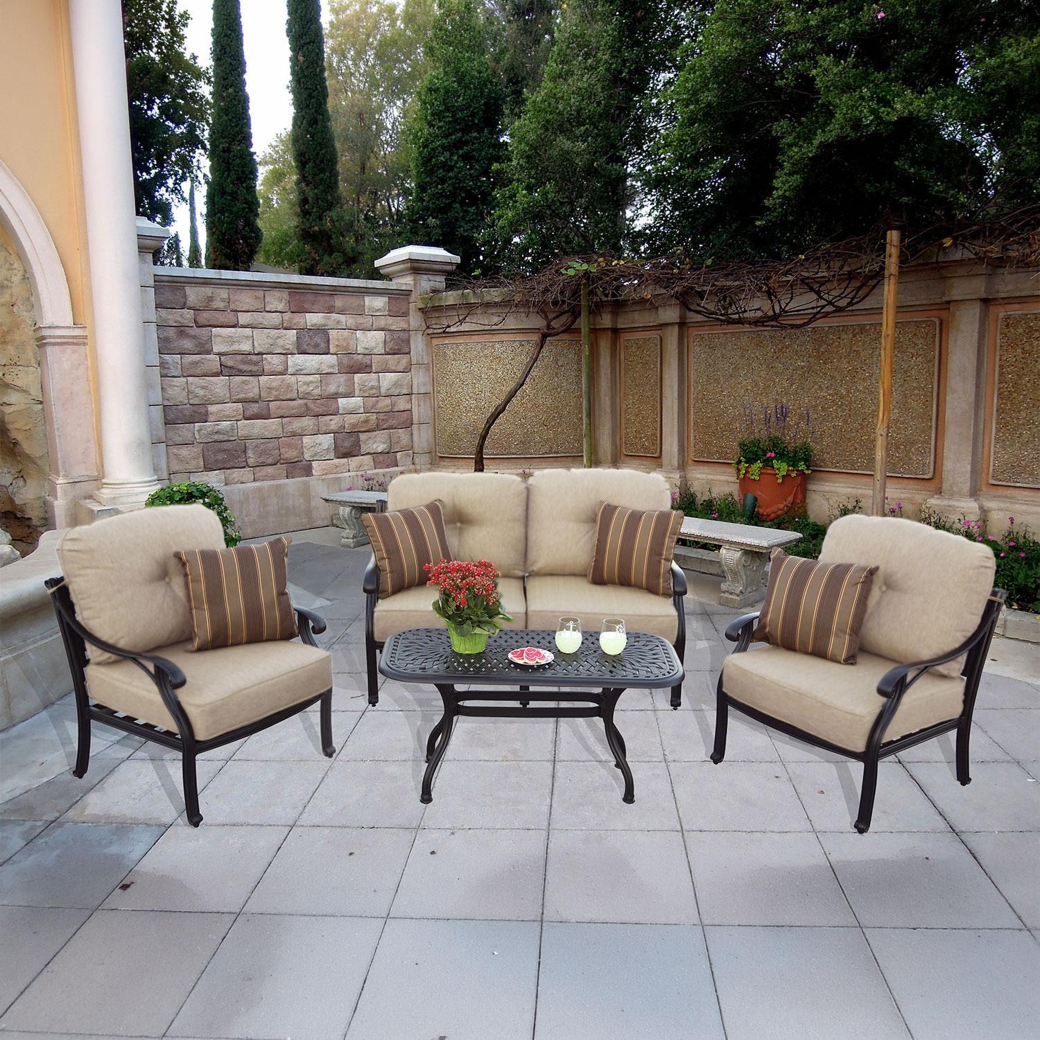 Darlee Nassau 4 Pc Cast Aluminum Seating Set w/ 42 X 21 Inch Series 60 Table & Throw Pillows in Antique Bronze/Beige Canvas by - B/DL603-4PC-60BP