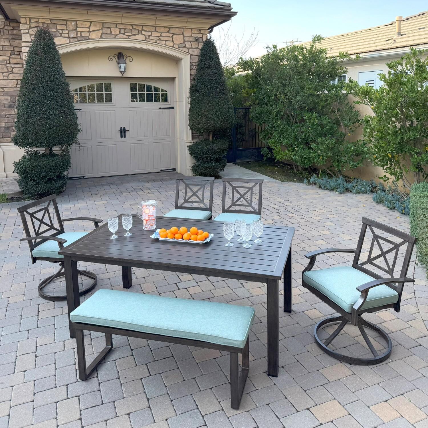 Atlantis 6 Pc Aluminum Dining Set  w/ 2 Dining Side Chairs, 2 Swivel Rocker Dining Arm Chairs & Two Person Bench in Walnut/Spa by Darlee