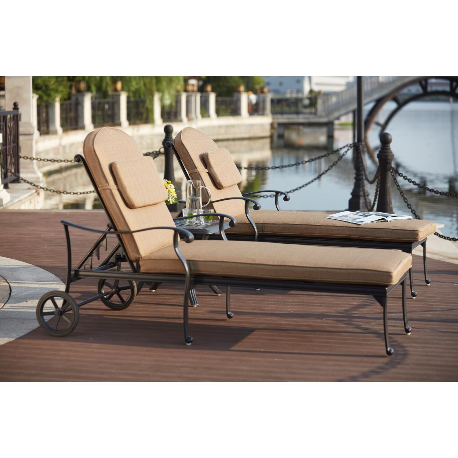 Darlee 201660-3PC-3388A Capri 3 Piece Cast Aluminum Patio Chaise Lounge Set W/ Sesame Polyester Cushions - Lifestyle thumbnail