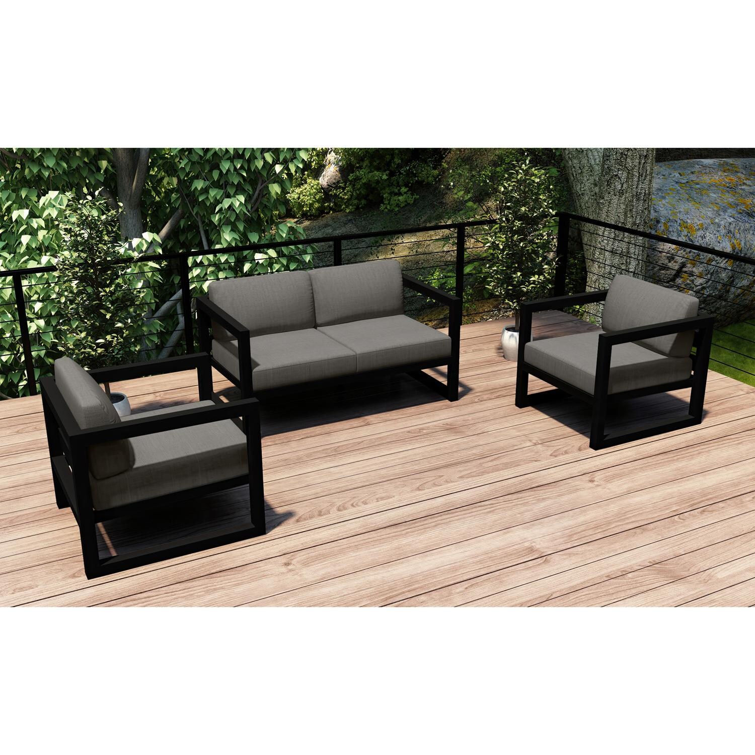 Lakeview MSTYCV-BK-3LSS-CC Misty Cove 3 Pc Aluminum Seating Set in Black w/Loveseat & Canvas Charcoal Cushions by Lakeview Outdoor Designs - Set Outside - Lifestyle thumbnail