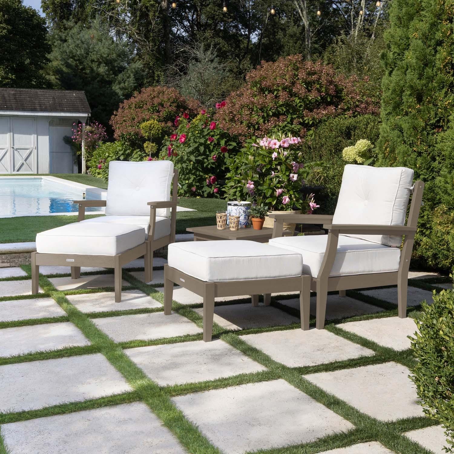 Blushing Bay 5 Pc Recycled Plastic Seating Set in Bliss Linen/Woodland Brown by Lakeview Outdoor Designs - Right Angled - Lifestyle thumbnail