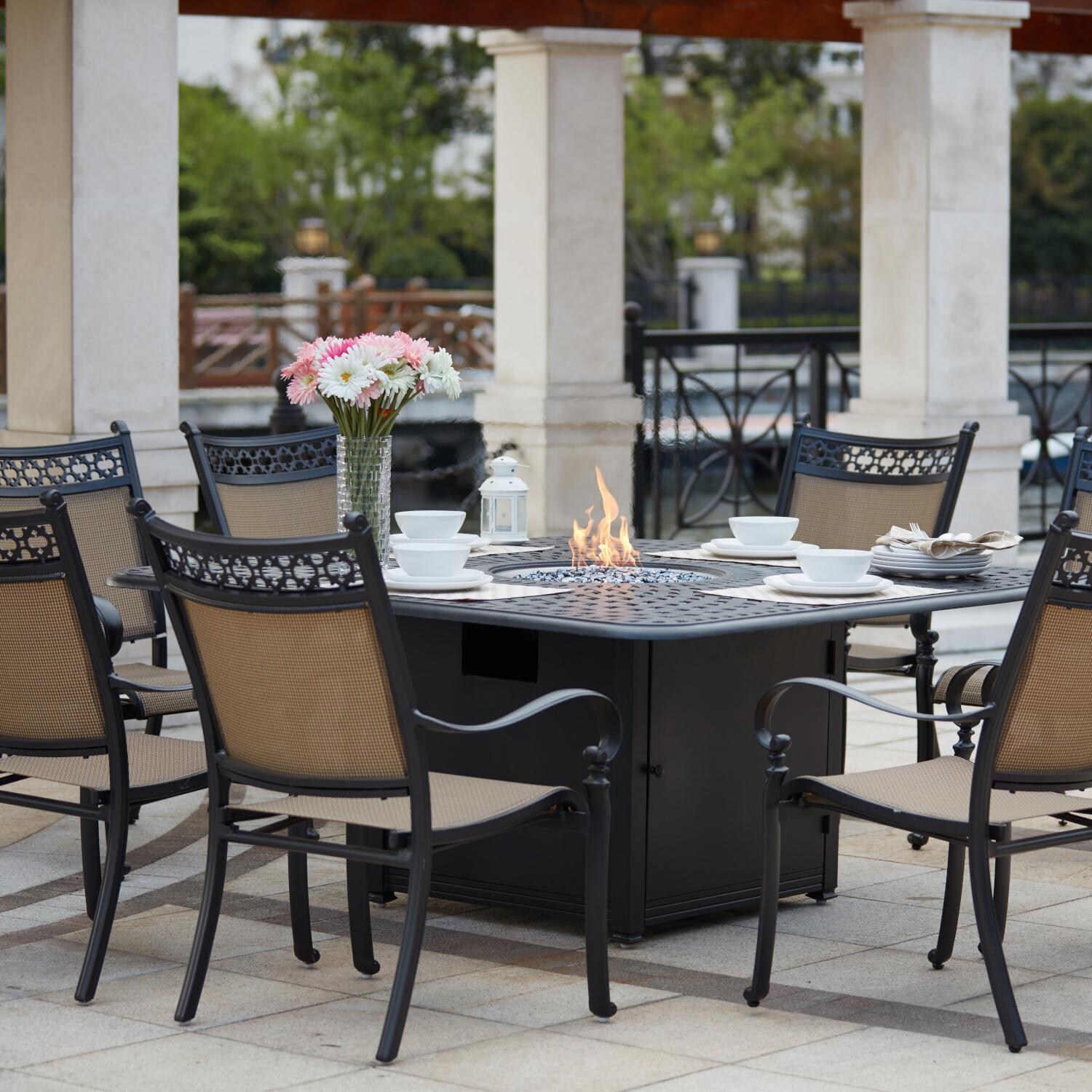 Darlee 201610-9PC-60GW Mountain View 9 Piece Cast Aluminum Sling Patio Fire Pit Dining Set W/ 64 Inch Square Table thumbnail