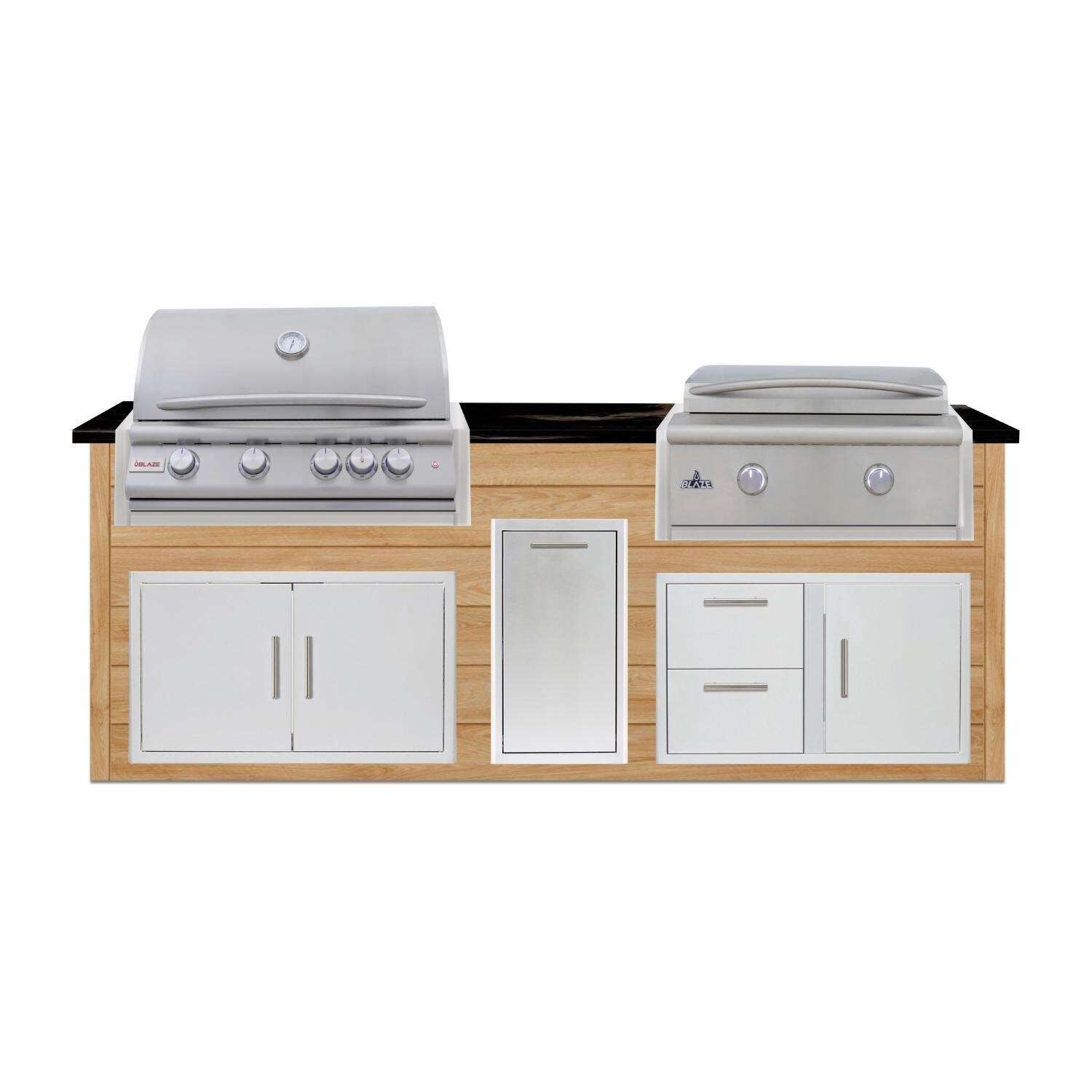 BBQGuys Signature 8 Ft Outdoor Kitchen Island w/ 32 Inch Natural Gas Blaze LTE+ Grill & Griddle & Narrow Trash Bin | Sun Bleached Oak w/ Nero Mist Granite