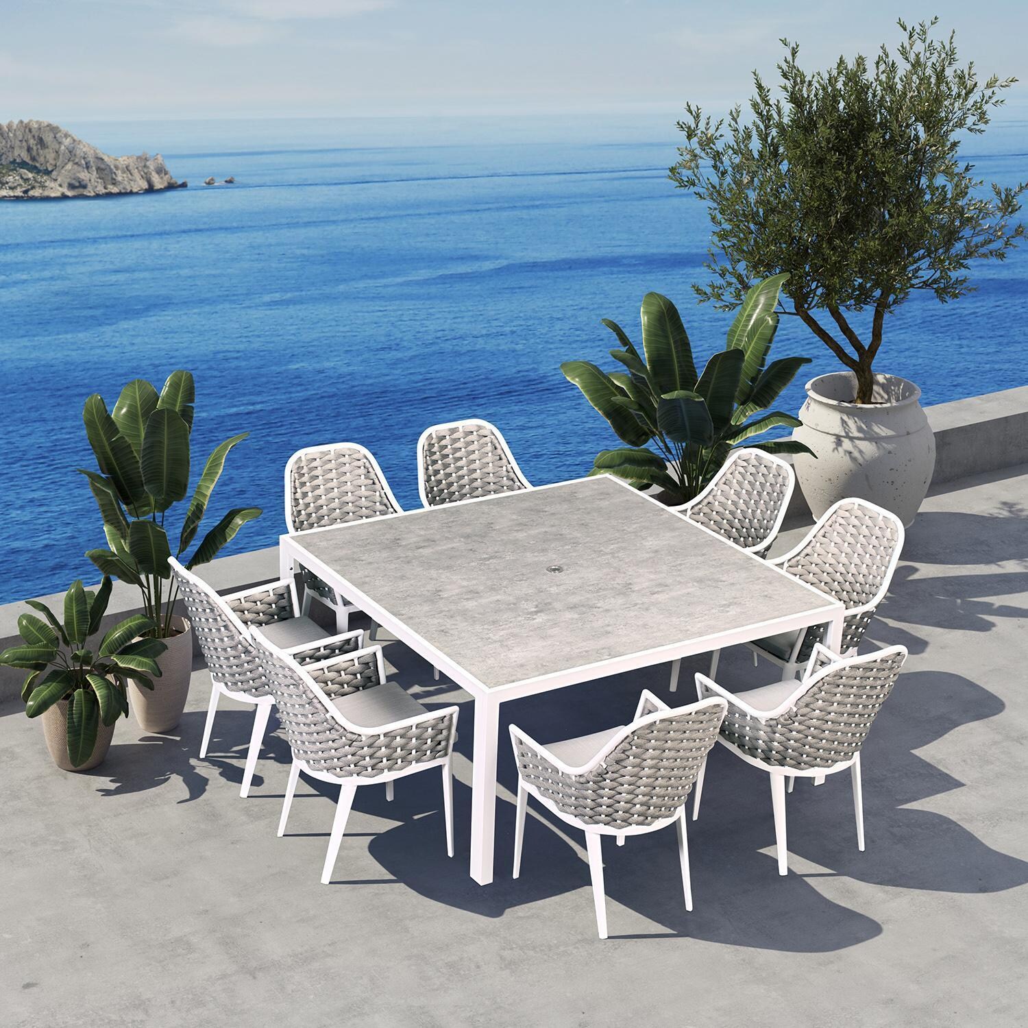 Chloe Bay 9 Pc Aluminum Square Dining Set in White by Lakeview - By The Water - Lifestyle thumbnail