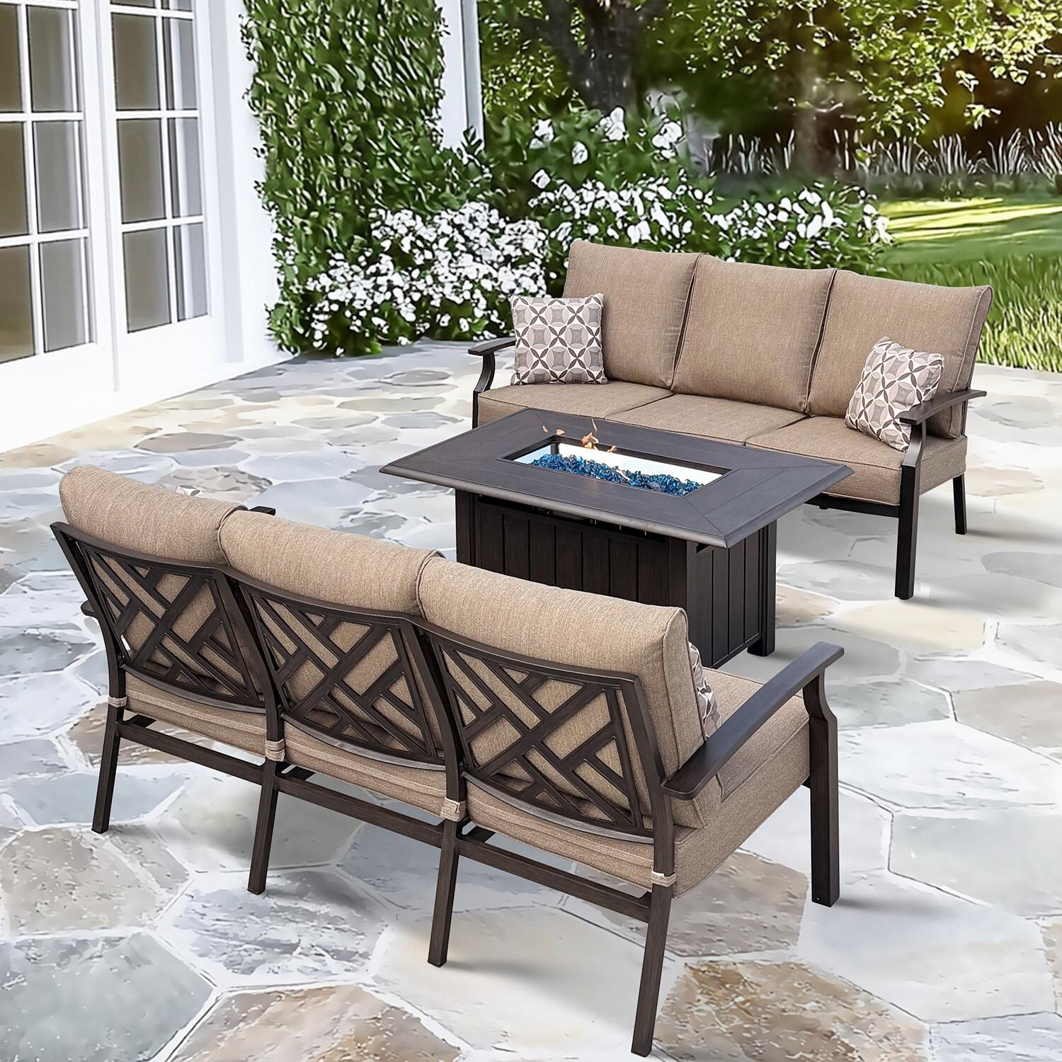 Brooklyn 3 Pc Aluminum Seating Set Fire Pit in Multi-brown/Sesame by Darlee - Lifestyle thumbnail