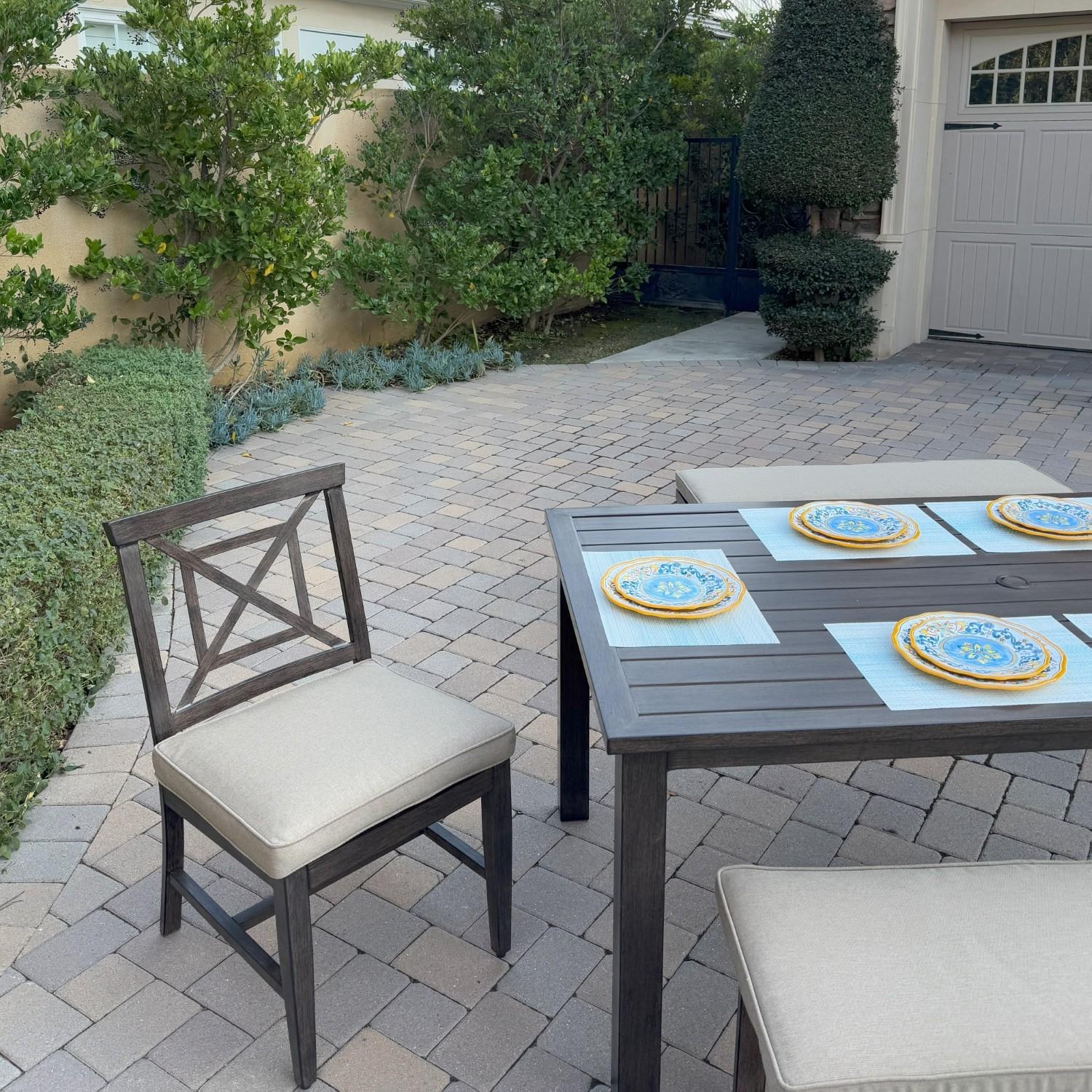 Atlantis 5 Pc Aluminum Dining Set w/ 2 Dining Side Chairs & 2 Two Person Benches in Walnut/Beige by Darlee - Chair - Lifestyle thumbnail