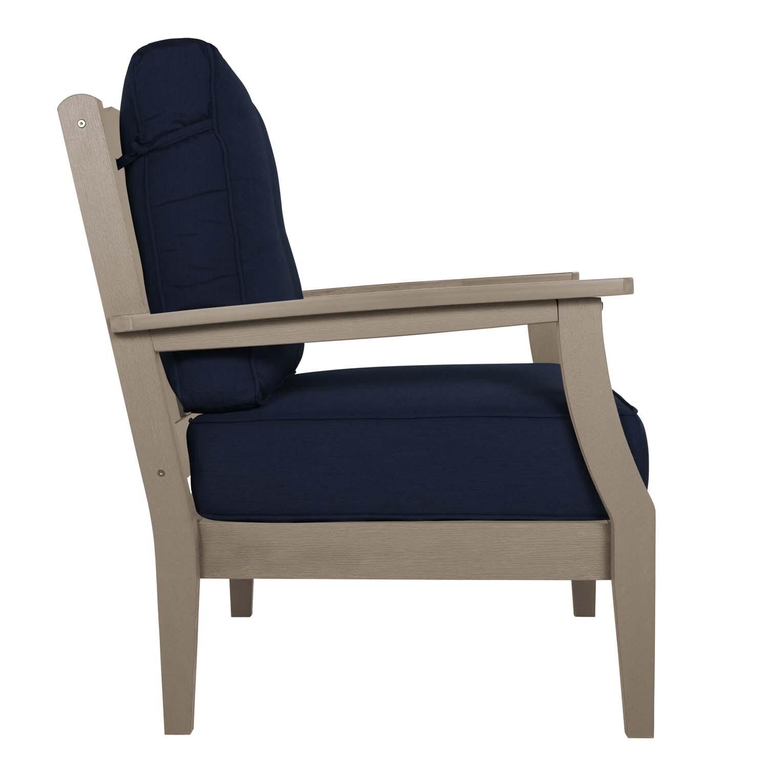Blushing Bay Recycled Plastic Club Chair in Spectrum Indigo/Woodland Brown by Lakeview Outdoor Designs - Side View - White Background thumbnail