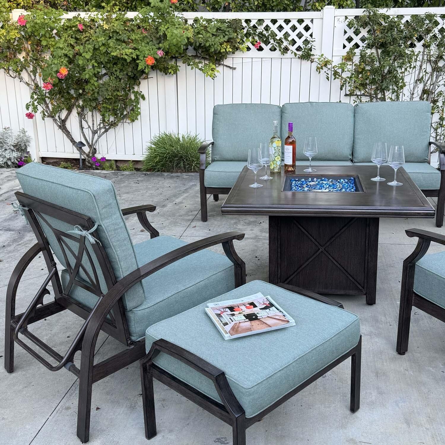 Atlantis 6 Pc Aluminum Seating Setw/ Square Fire Pit Chat Table in Walnut/Spa by Darlee - Close Up - Lifestyle thumbnail