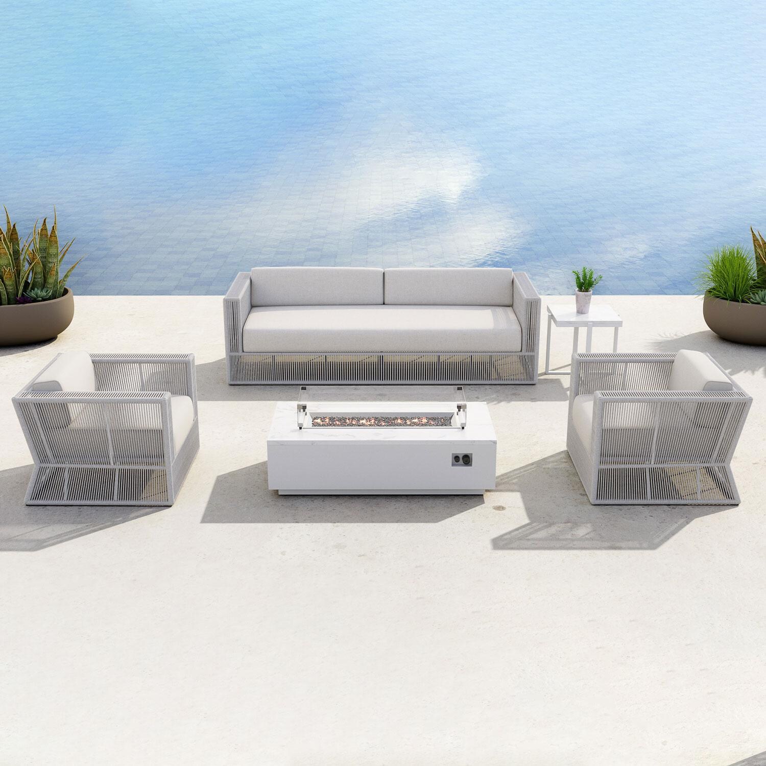 Miami Olefin Rope Patio Sofa in Dupione Celeste w/ Self Welt by Sunset West - By The Pool - Styled W/ Outdoor Furniture Shown in Echo Ash Cushion Color - Lifestyle thumbnail