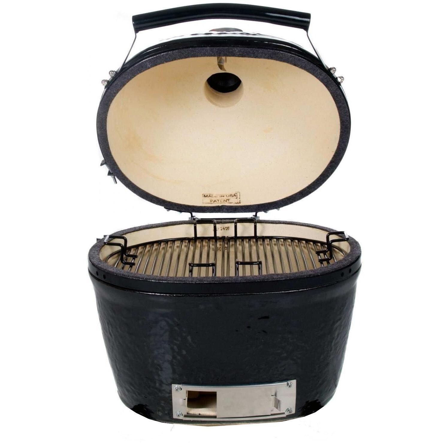 Primo Oval XL Ceramic Charcoal Smoker Grill On Countertop Cypress Table - Open View thumbnail