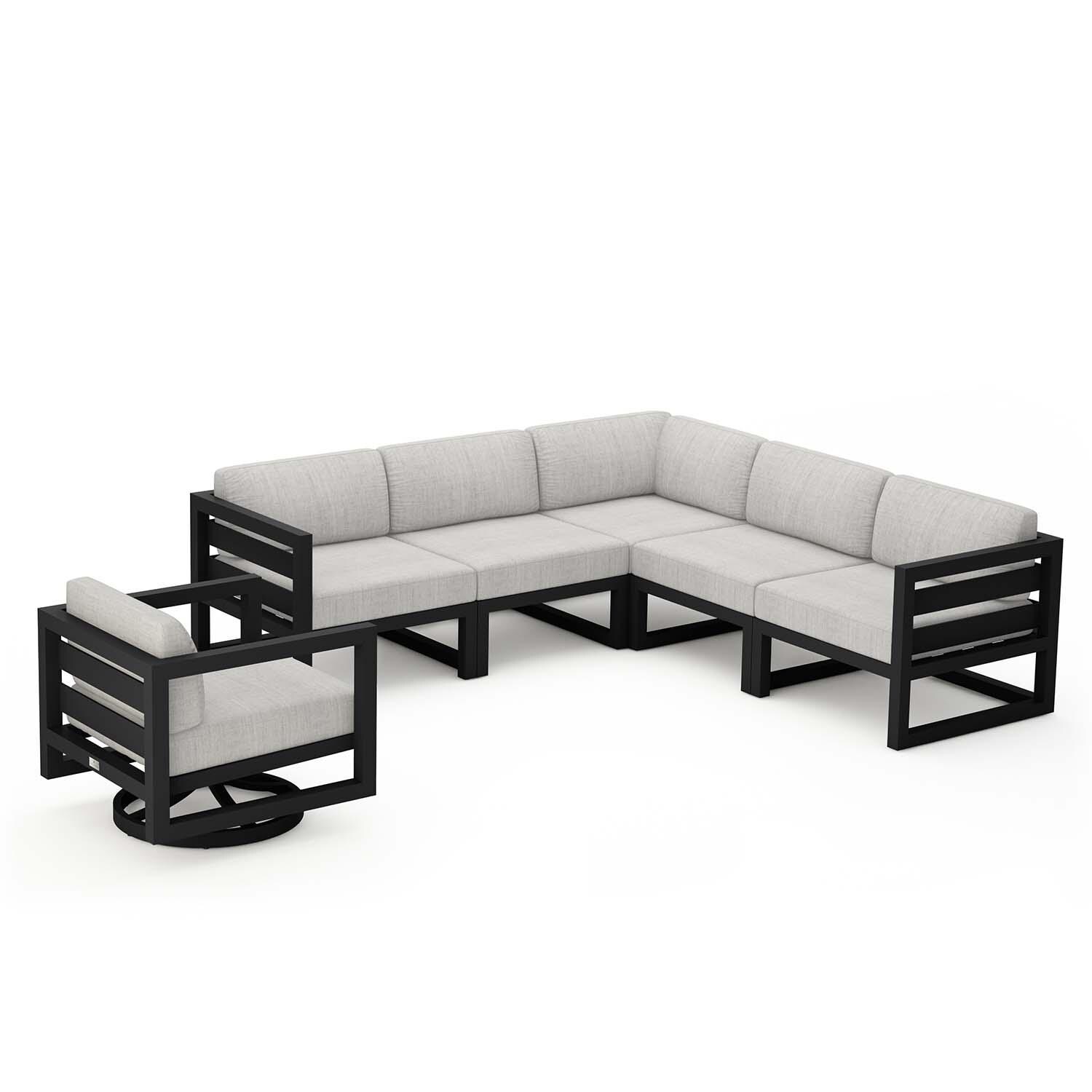 Misty Cove 6 Pc Aluminum Sectional Seating Set w/ Swivel Chairs in Black/Cast Silver by Lakeview Outdoor Designs - White Background thumbnail