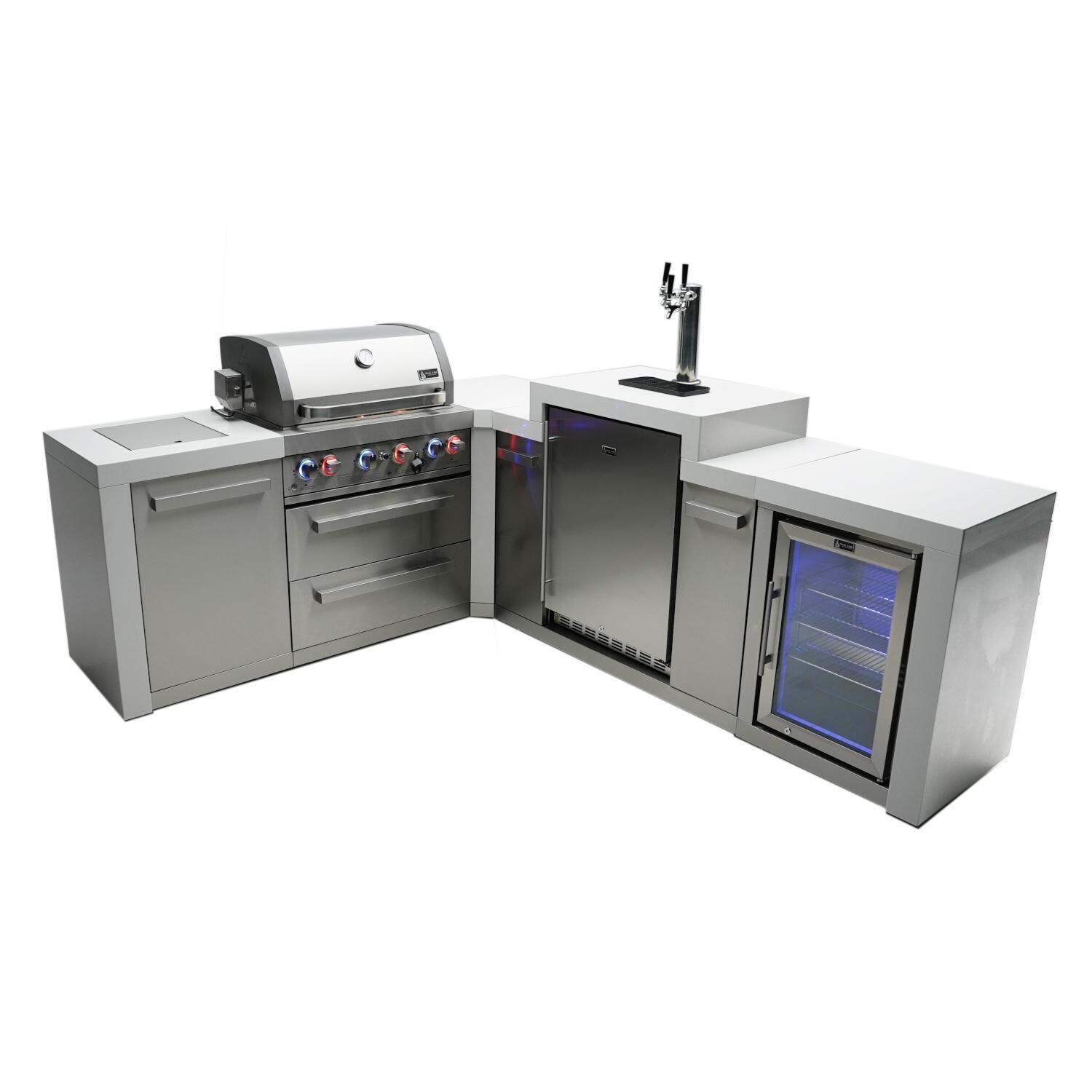 Mont Alpi Deluxe Series 7 Ft L-Shaped Natural Gas Outdoor Kitchen Island w/ Side Burner, Kegerator & Fridge (Ships Propane w/ Conversion Kit) - MAi400-D90KEGFC