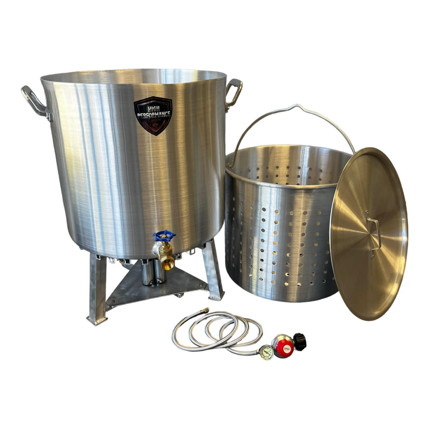 High Performance Cookers PW120-BTJ-VLV075 120 Quart Powered Seafood/Crawfish Cooker - Powered Full Set - White Background thumbnail