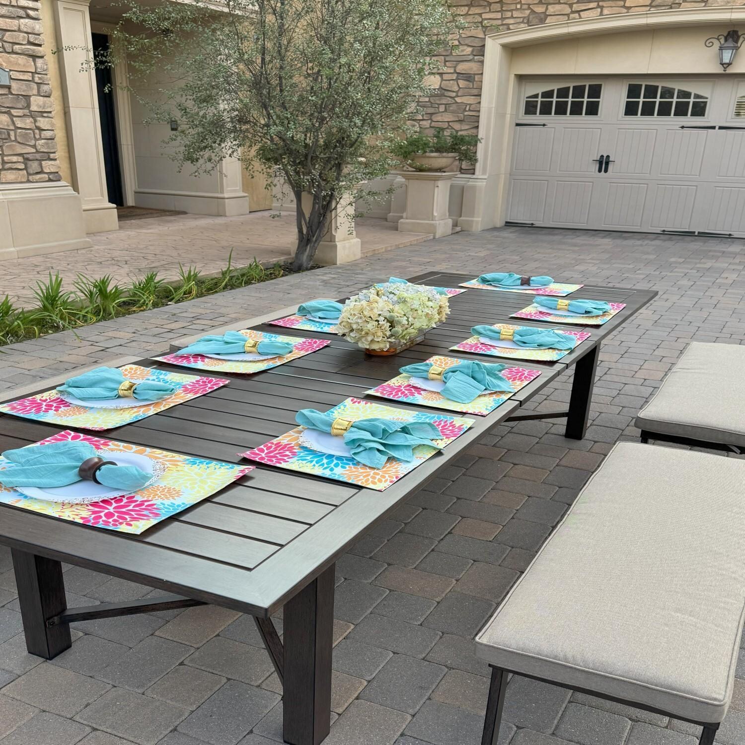 Atlantis 5 Pc Aluminum Dining Set w/ 4 Two Person Benches & Extension Table in Walnut/Beige by Darlee - Angled Table - Lifestyle thumbnail