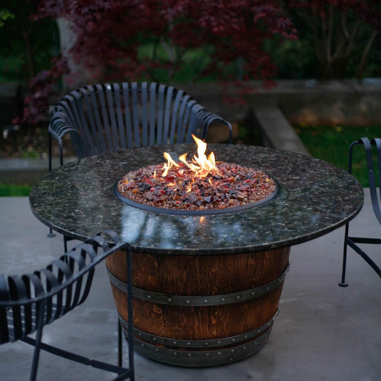 Reserve 48-Inch Wine Barrel Fire Pit Table By Vin De Flame - Dining Height - Polished Uba Tuba Top - 65,000 BTU Match Light Burner