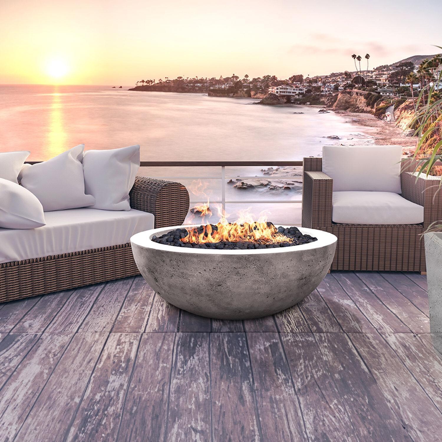 Moderno 8 39-in Round Glass Fiber Reinforced Concrete Natural Gas Fire Bowl in Pewter by Prism Hardscapes - Mountains - Lifestyle thumbnail
