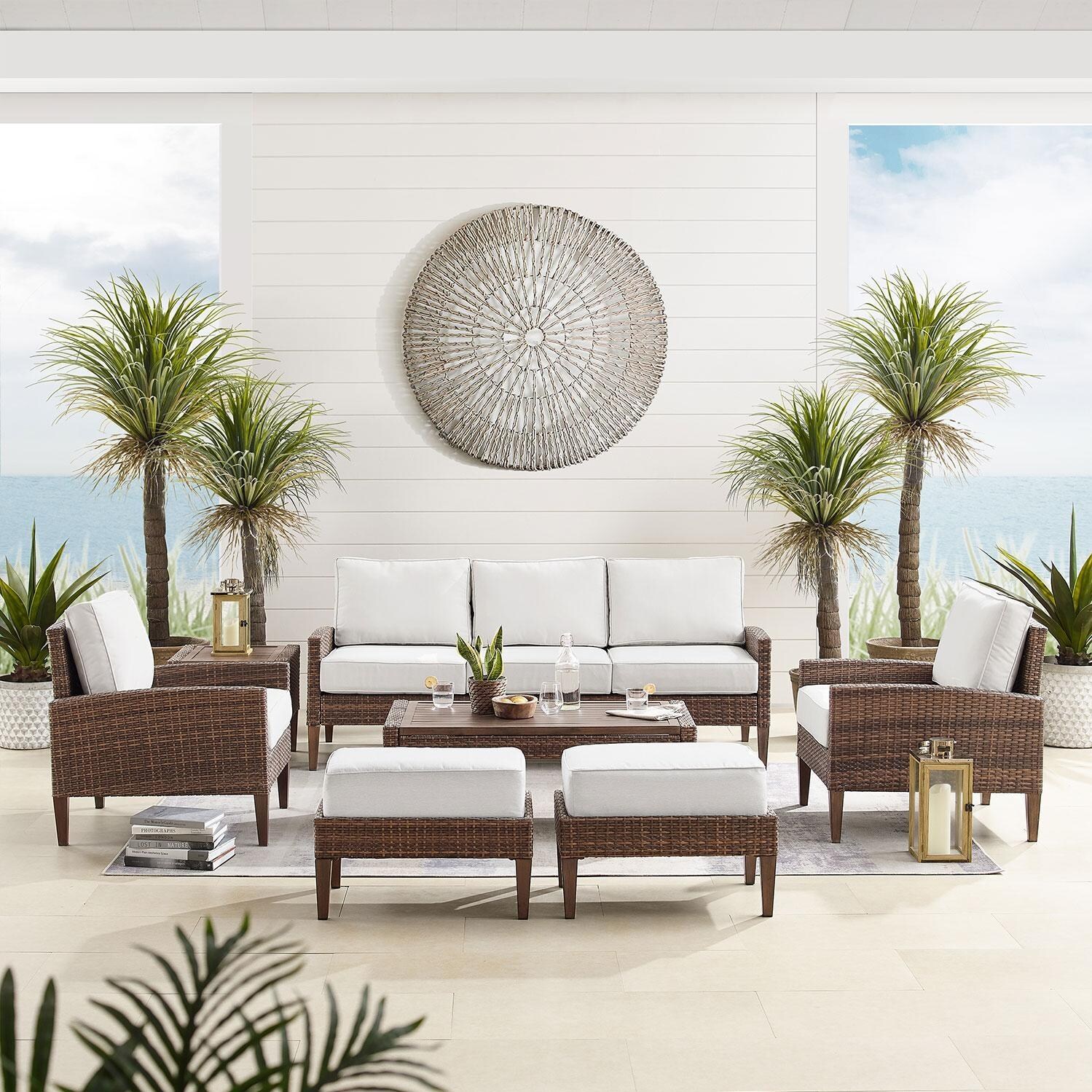 Ultimate Patio UP-92431BR-CR 7Pc Wicker Outdoor Sofa Patio Furniture Set in Creme - Front View - Lifestyle thumbnail