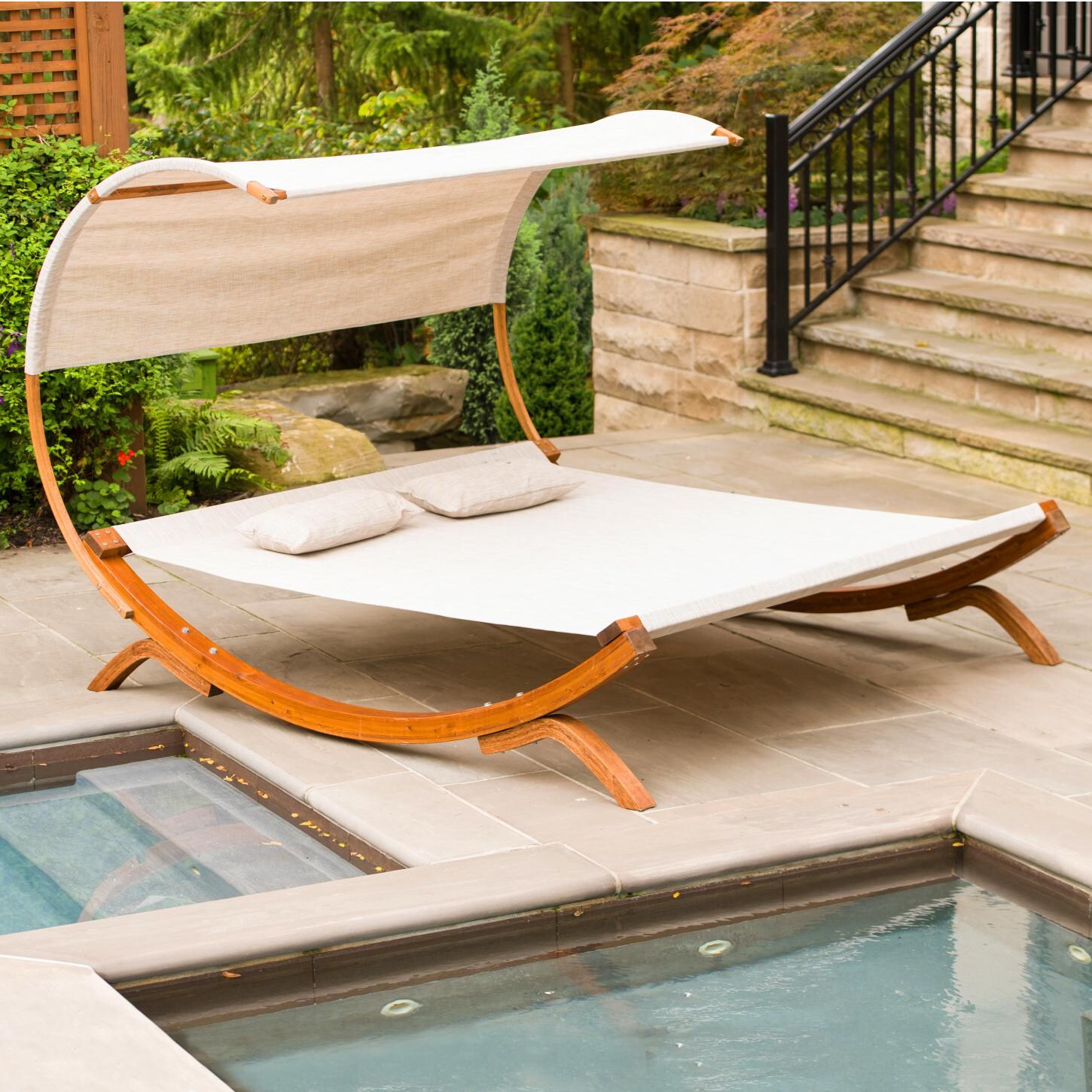 Leisure Season Wood Patio Sunbed With Canopy - By the Pool thumbnail