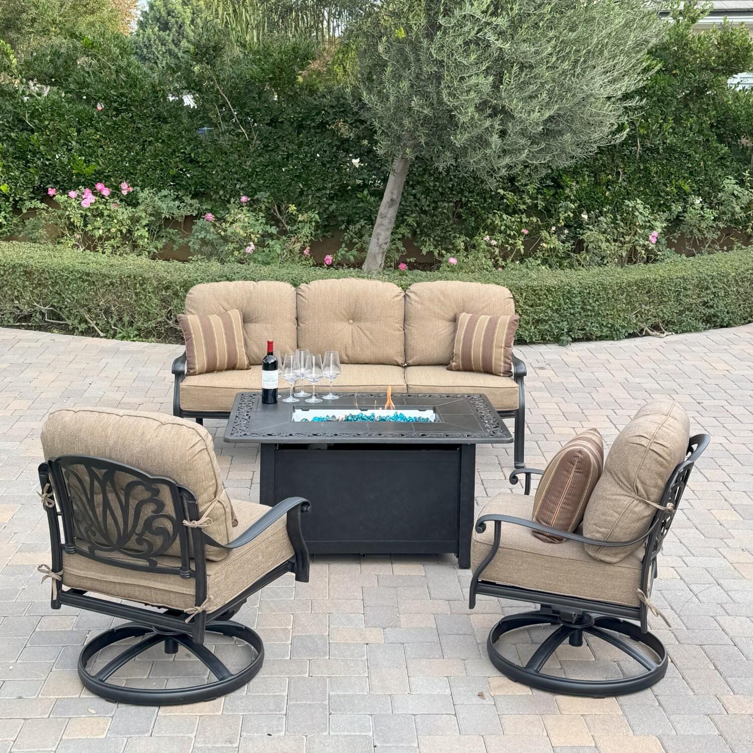 Elisabeth 4 Pc Set Cast Aluminum Seating Set w/ 49 X 35 Inch Propane Fire Pit Table w/ Swivel Chairs in Sesame/Antique Bronze by Darlee - Hero - Lifestyle thumbnail