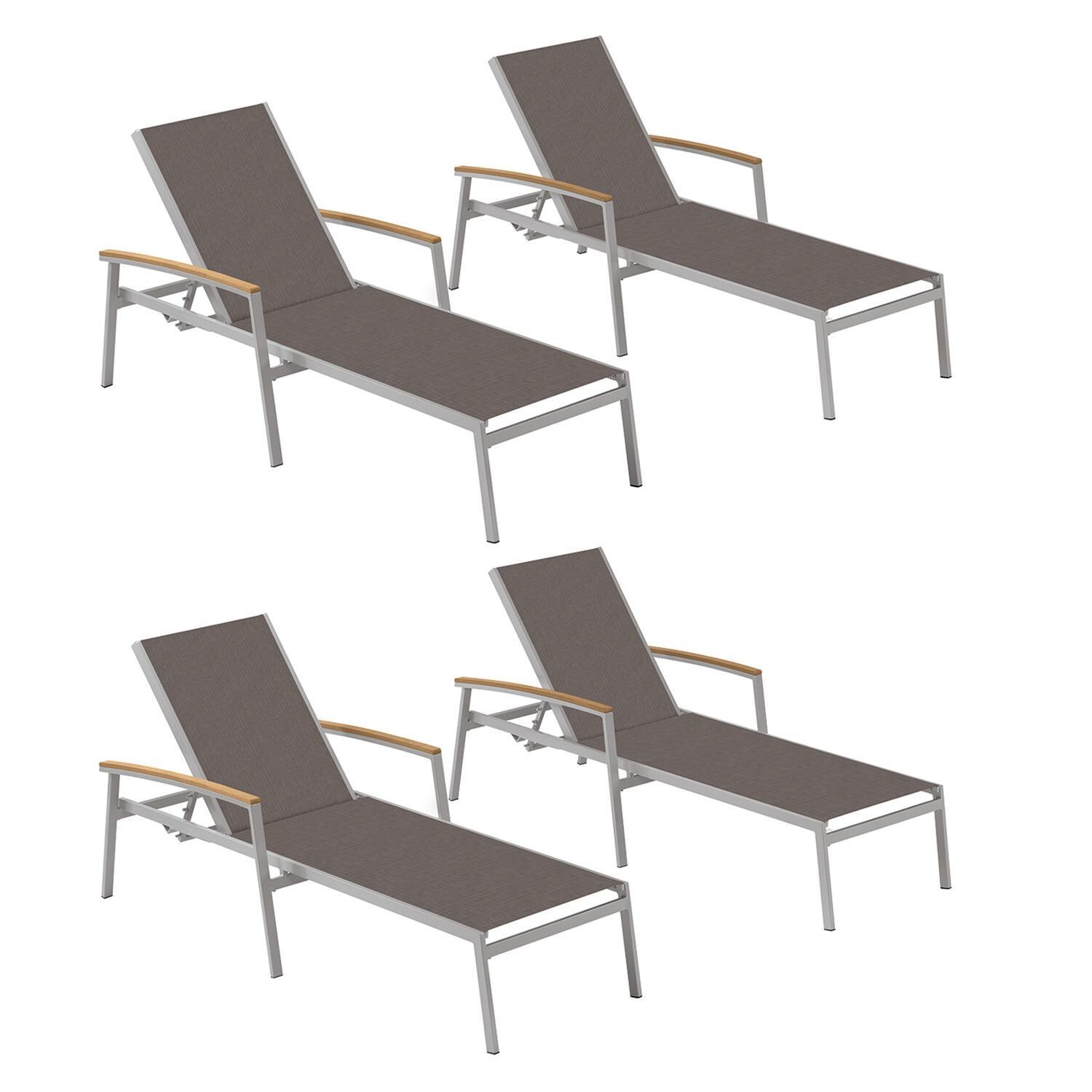 Travira 4 Pc Aluminum Chaise Lounge Set w/ Natural Tekwood Arm Caps in Flint/Cocoa by Oxford Garden