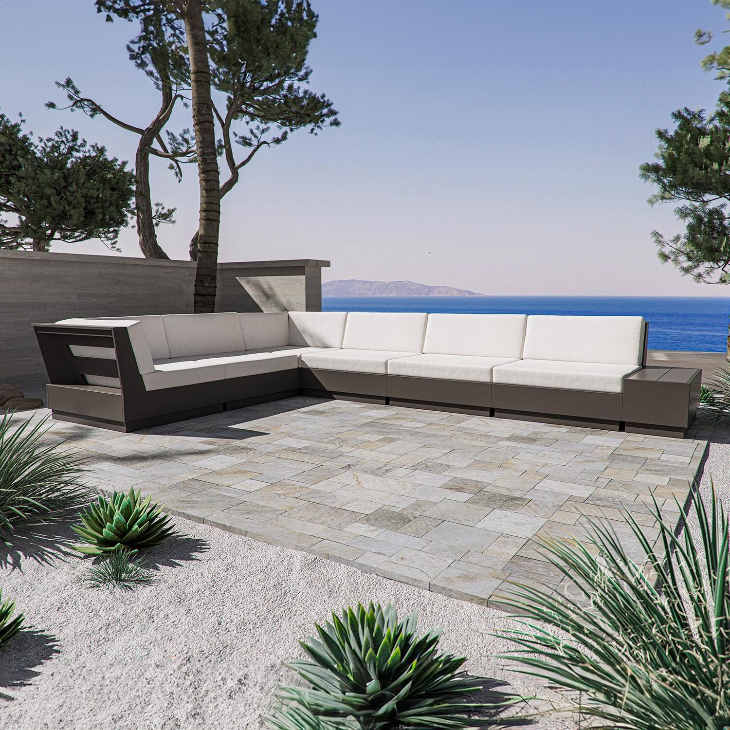 Elevate 7 Pc Recycled Plastic Sectional Seating Set in Vintage Sahara/Navy Linen By PW Designer Series - On the Patio (Shown in Vintage Coffee/Dune Burlap) - Lifestyle thumbnail