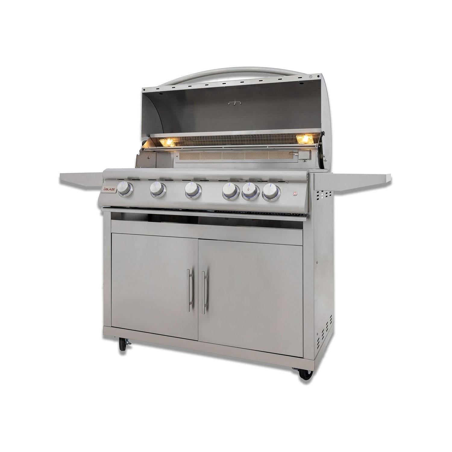 Blaze BLZ-5LTE3-NG Premium LTE+ 40-Inch 5-Burner Natural Gas Grill With Rear Infrared Burner & Lift-Assist Hood - Angled on Cart - White Background thumbnail