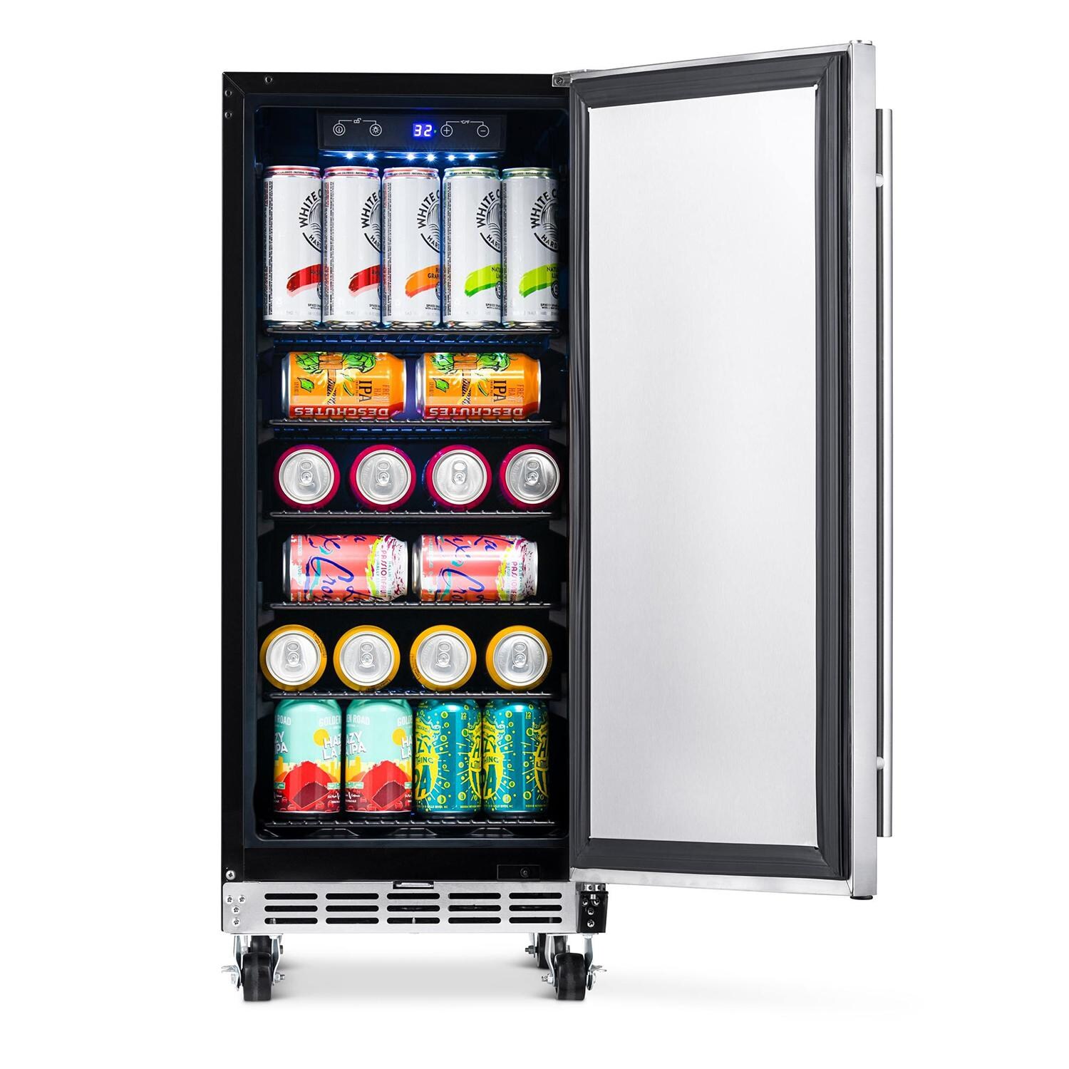 Newair NOF090SS00 15-Inch Built-in 90 Can Outdoor Beverage Fridge - Door Open with Drinks thumbnail