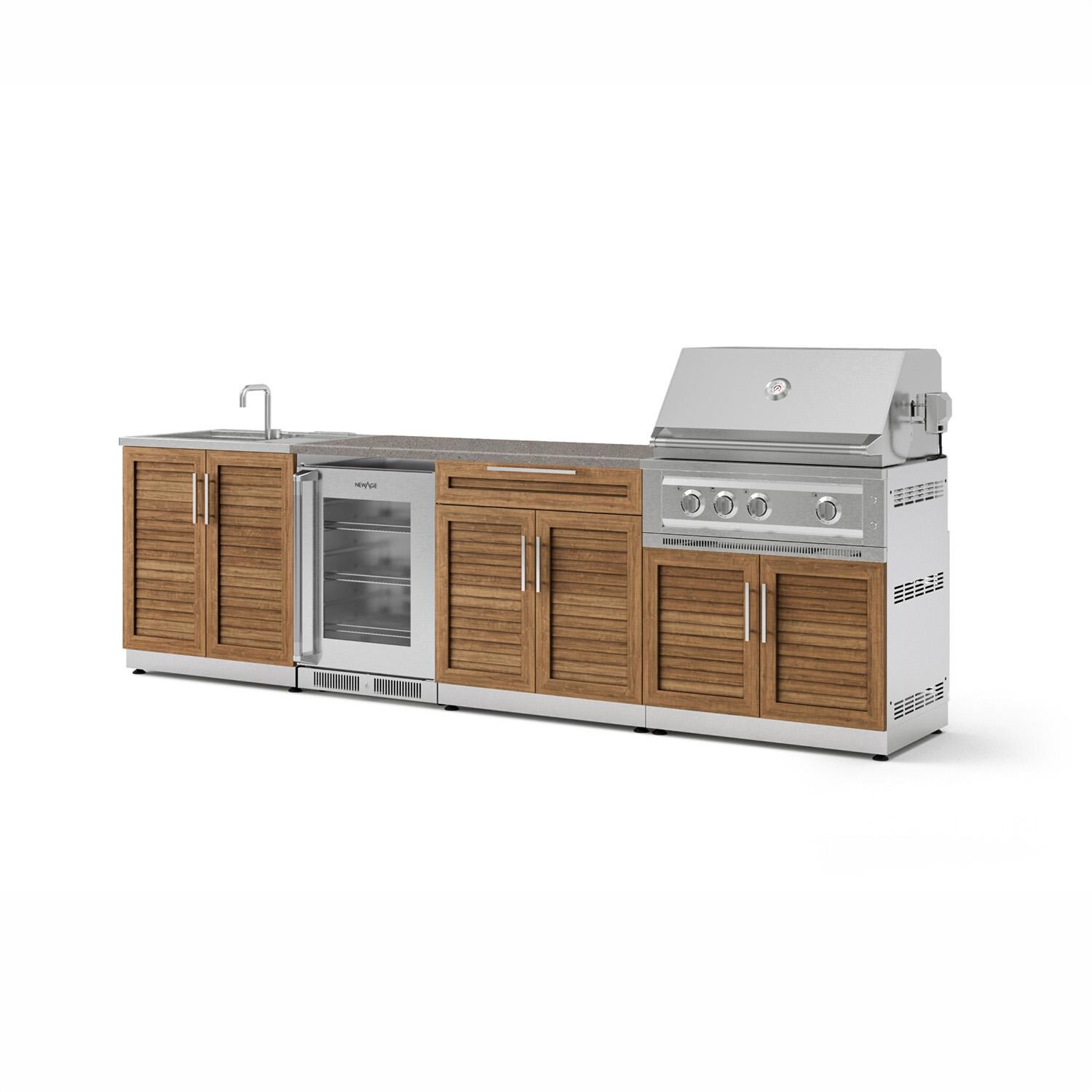 NewAge Products 72108 Classic Series 10 Ft Outdoor Kitchen Island w/ 33-in Propane Grill, Sink, Glass Door Refrigerator, Trash Bin, Door & Drawer in Grove/Sage Gray - Angled - White Background thumbnail