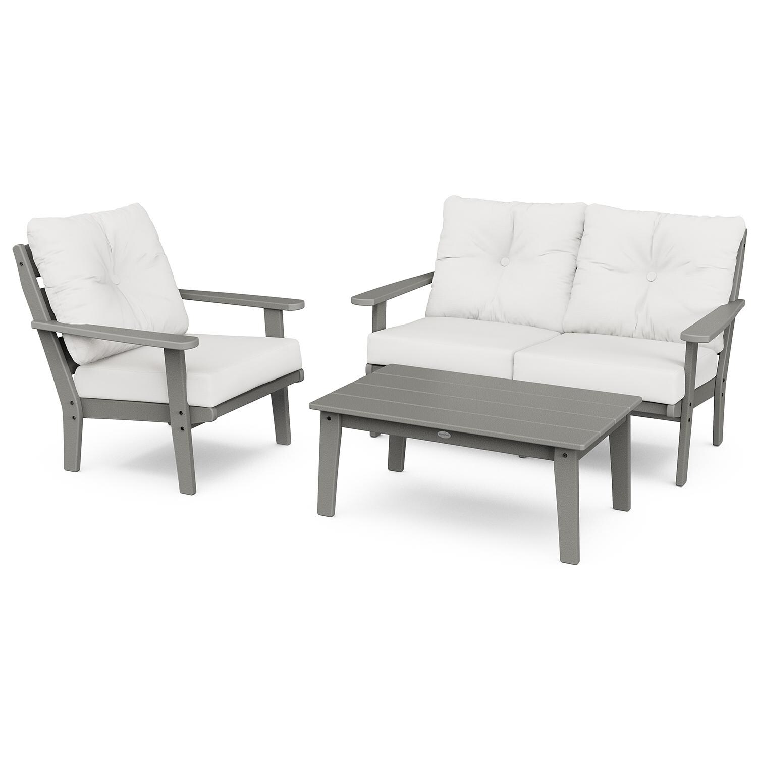 Lakeside 3 Pc Recycled Plastic Loveseat Seating Set in Slate Gray/Natural Linen by POLYWOOD