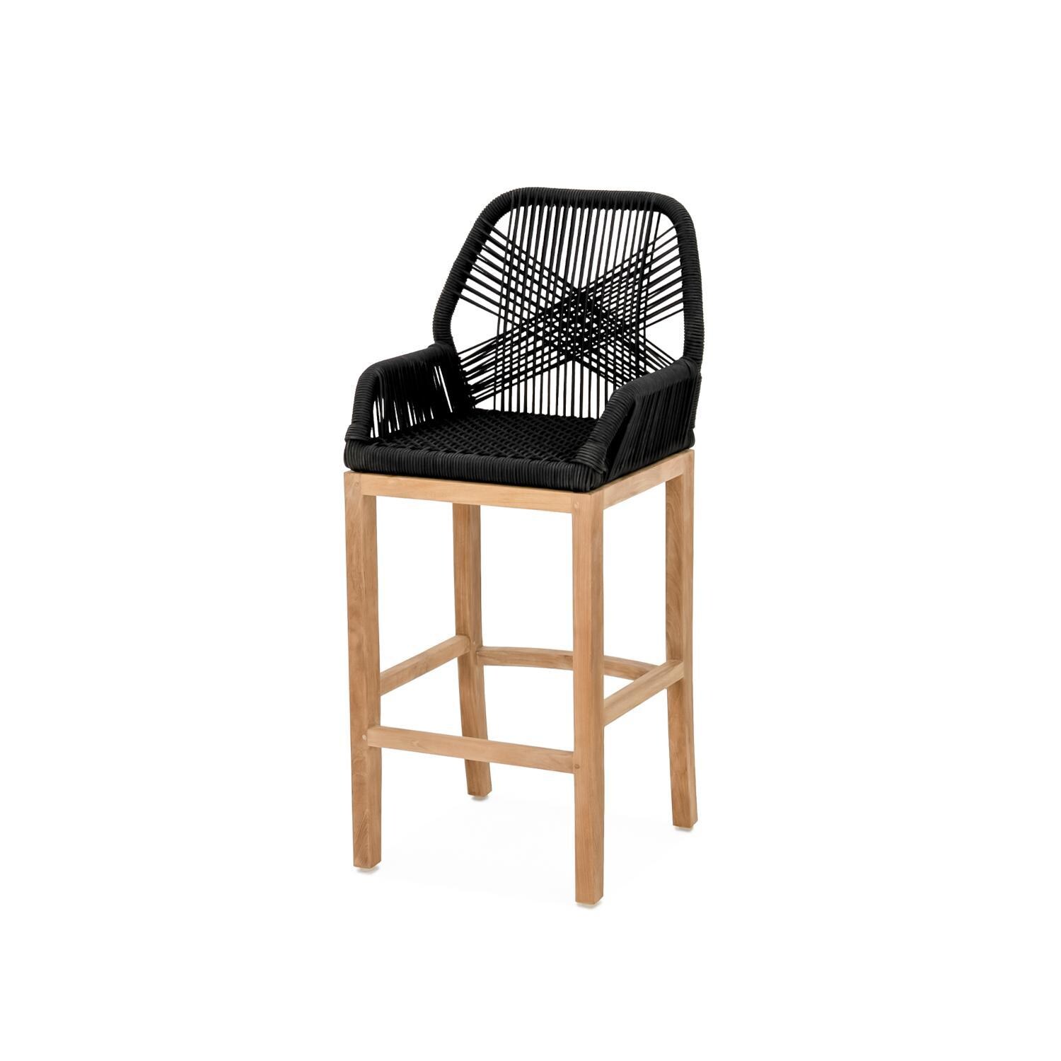Teak + Table Breeze Olefin Rope & Teak Patio Bar Stool in Charcoal - White Background thumbnail