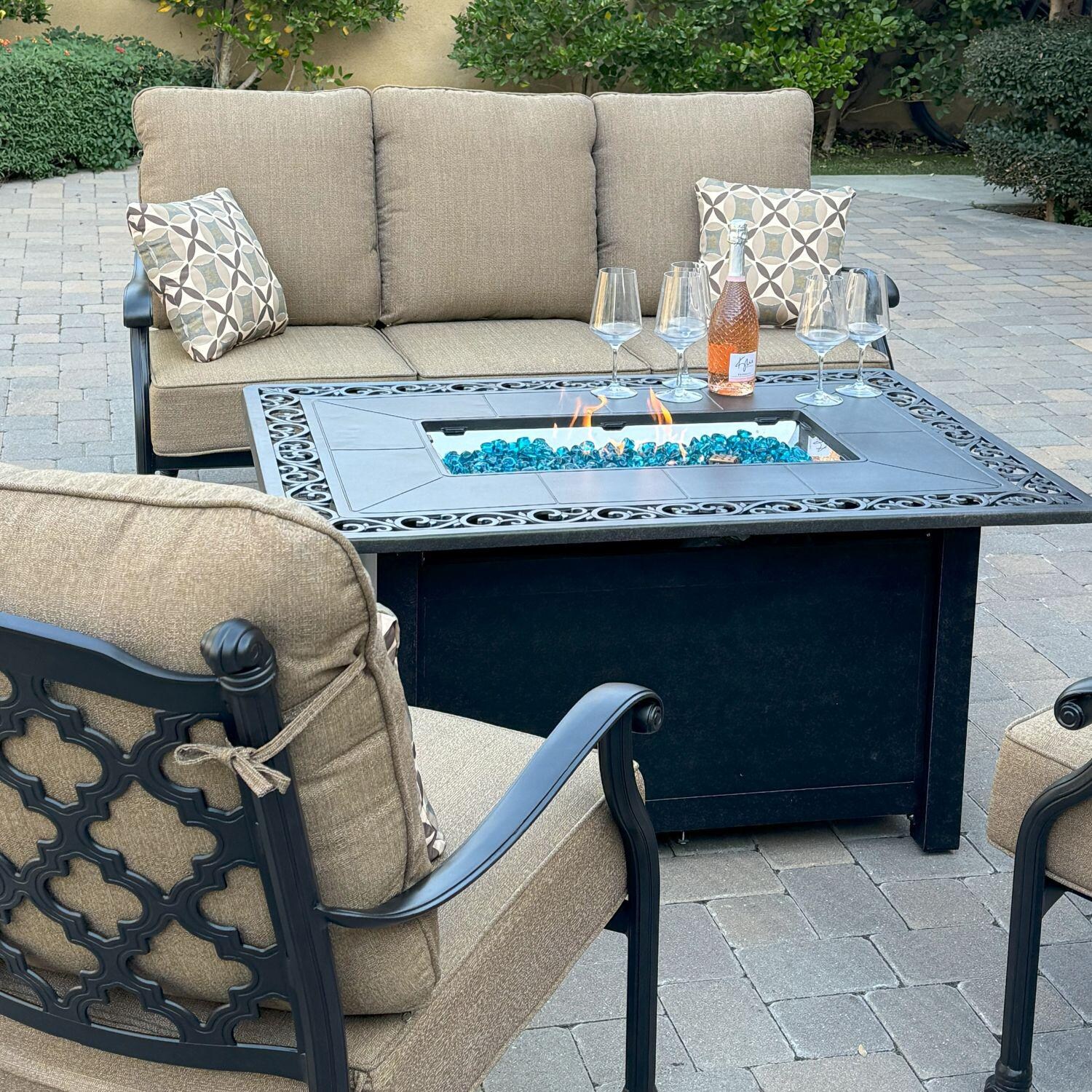 Darlee Cast Aluminum 49 X 35 Rectangular Fire Pit Chat Table - W/ Outdoor Seating Set - Lifestyle thumbnail