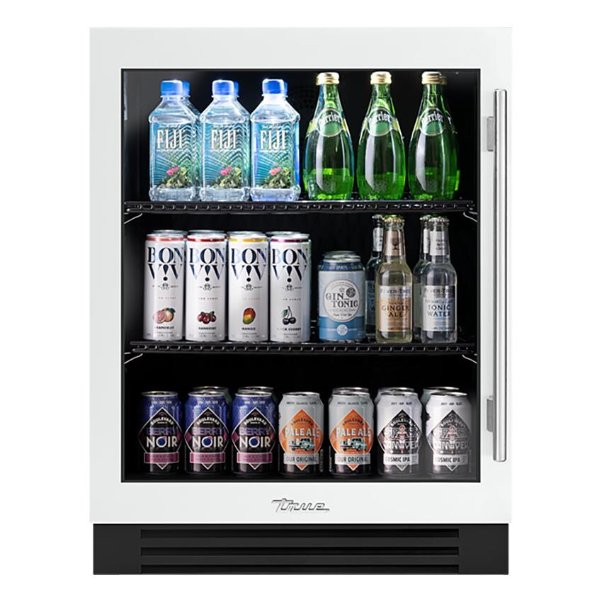 True TURADA-24-LG-A~030-H04 ADA Height 24 Inch 5 Cu. Ft. Left Hinge Glass Door Outdoor Refrigerator in Matte White w/ Stainless Steel Handles - White Background thumbnail