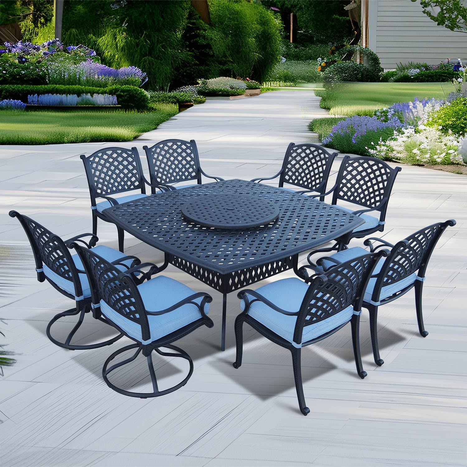 Nassau 10 Pc Cast Aluminum Dining Set w/ 64 Inch Square Series 30 Table & Lazy Susan 4 Swivel Rockers in Antique Bronze/Sky Blue by Darlee