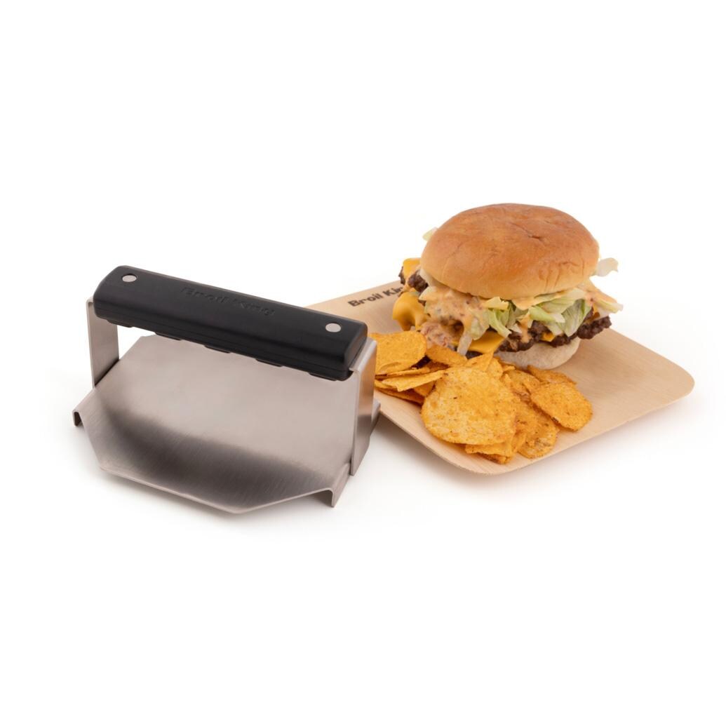 Broil King Smash Burger Press - 62476 - With Plate of Food - White Background thumbnail