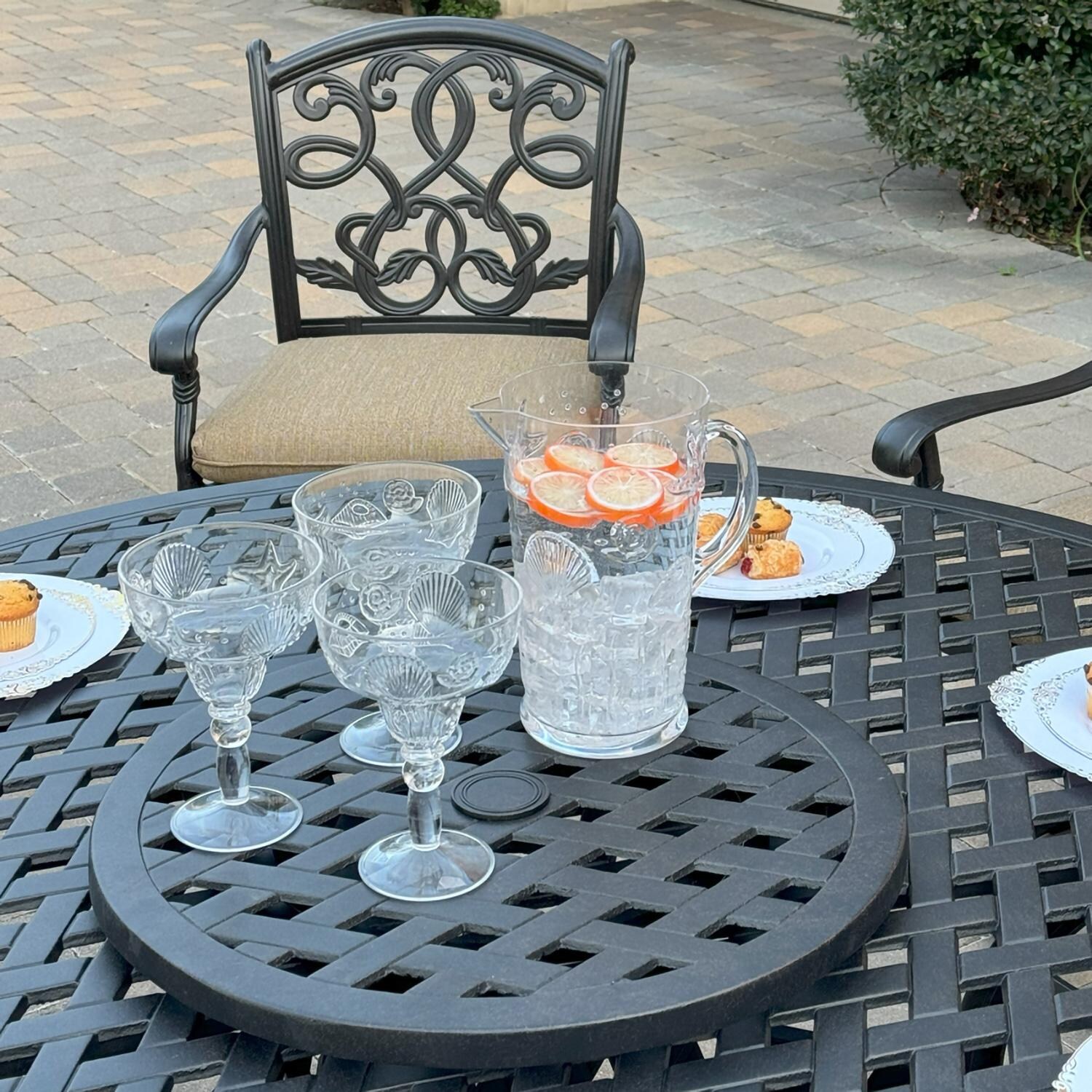 Darlee B/DL2052-8PCAR-30D3926 Santa Monica 8 Pc Cast Aluminum Dining Set in Antique Bronze - Lazy Susan in Use - Lifestyle thumbnail