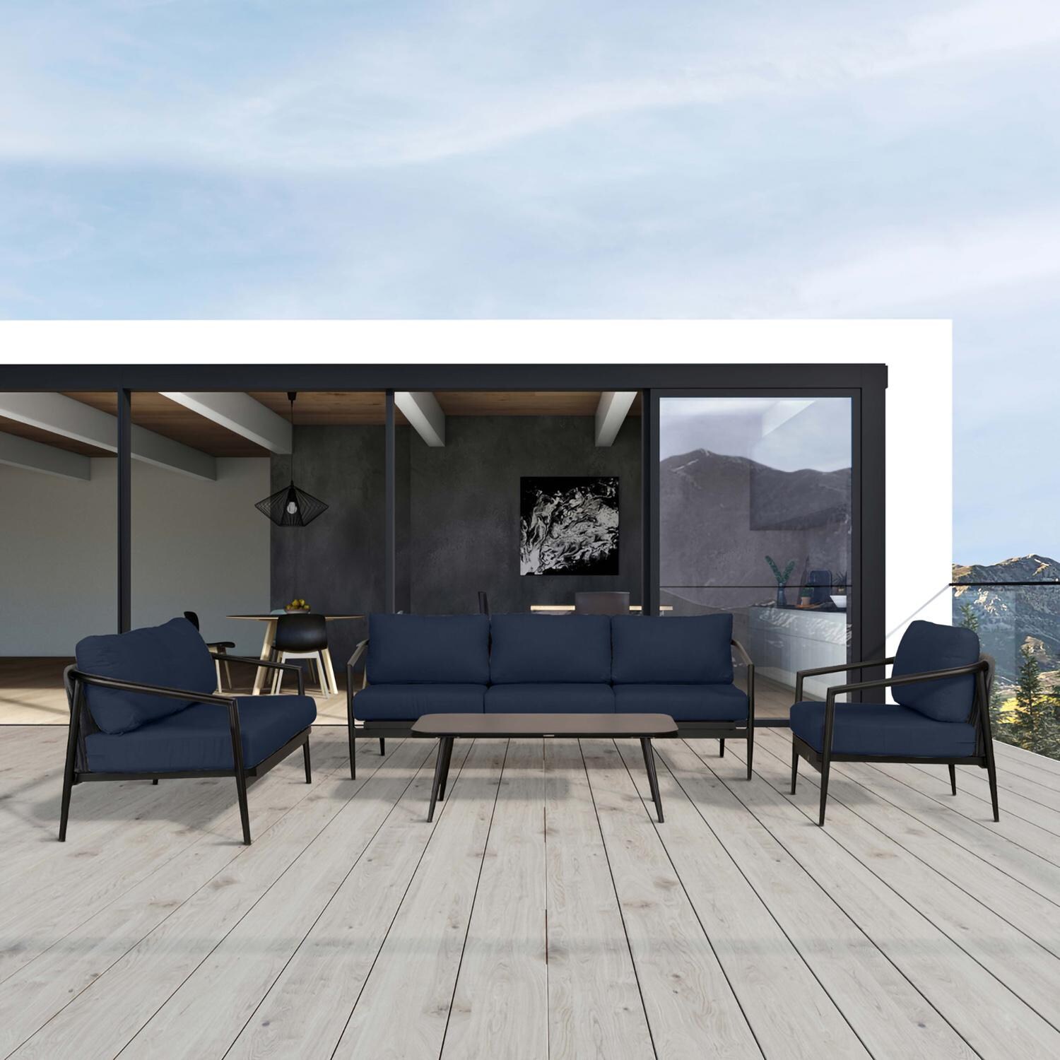 Midnight Cove 4 Pc Aluminum Seating Set w/ Sofa & Loveseat in Black/Spectrum Indigo by Lakeview Outdoor Designs