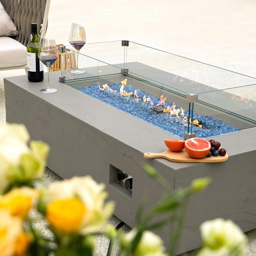 Elementi Meteora OFG410SG-LP 56-Inch Propane Space Gray Fire Pit Table - Lit At Angle 2 With Wind Screen (Sold Separately) thumbnail