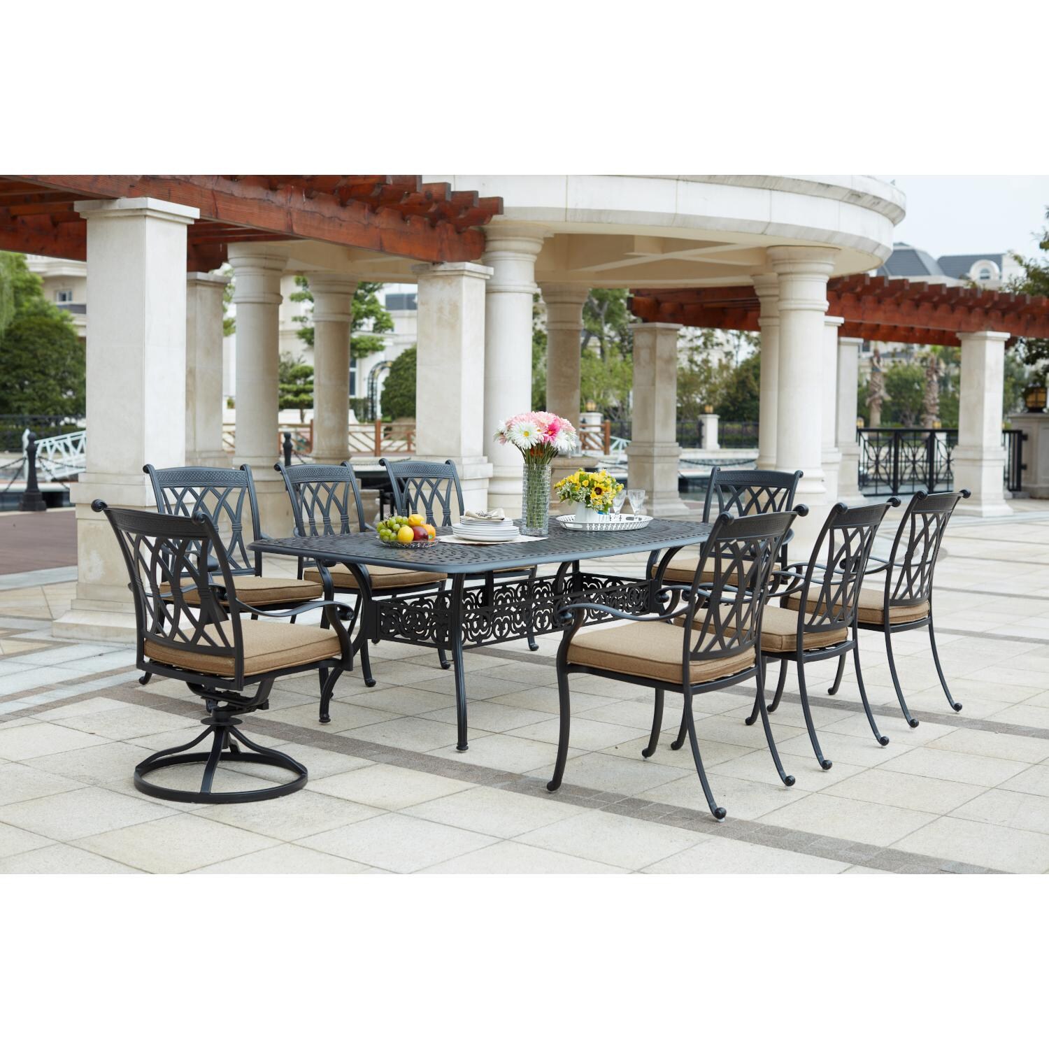 Darlee 201660-9PC-60XL Capri 9 Piece Cast Aluminum Patio Dining Set W/ 92 X 42 Inch Rectangular Table - Lifestyle thumbnail