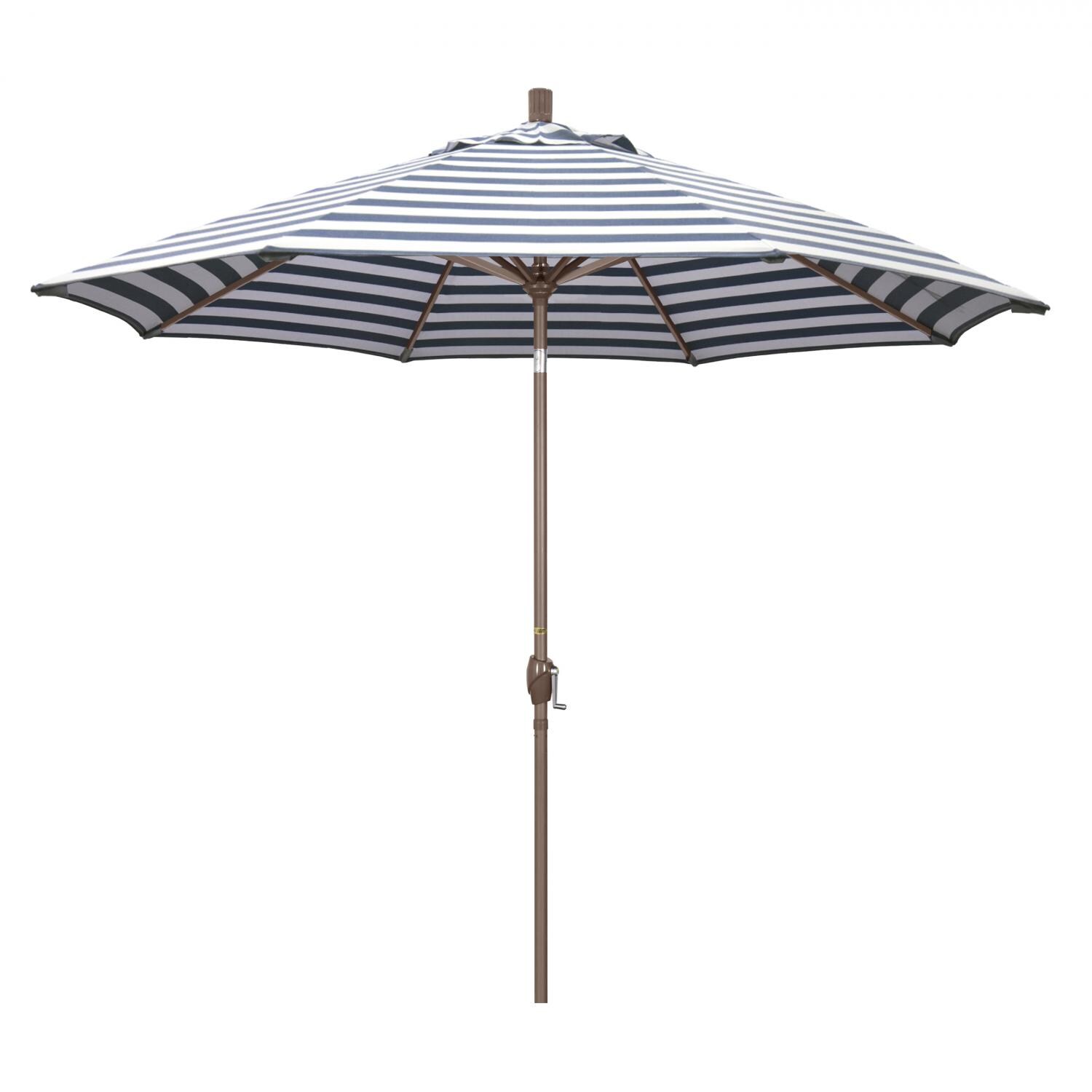 California Umbrella Pacific Trail Series 9 Ft Octagonal Aluminum Push Button Tilt Patio Umbrella W/ Crank Lift - Champagne Frame / Olefin Navy White Cabana Stripe Canopy