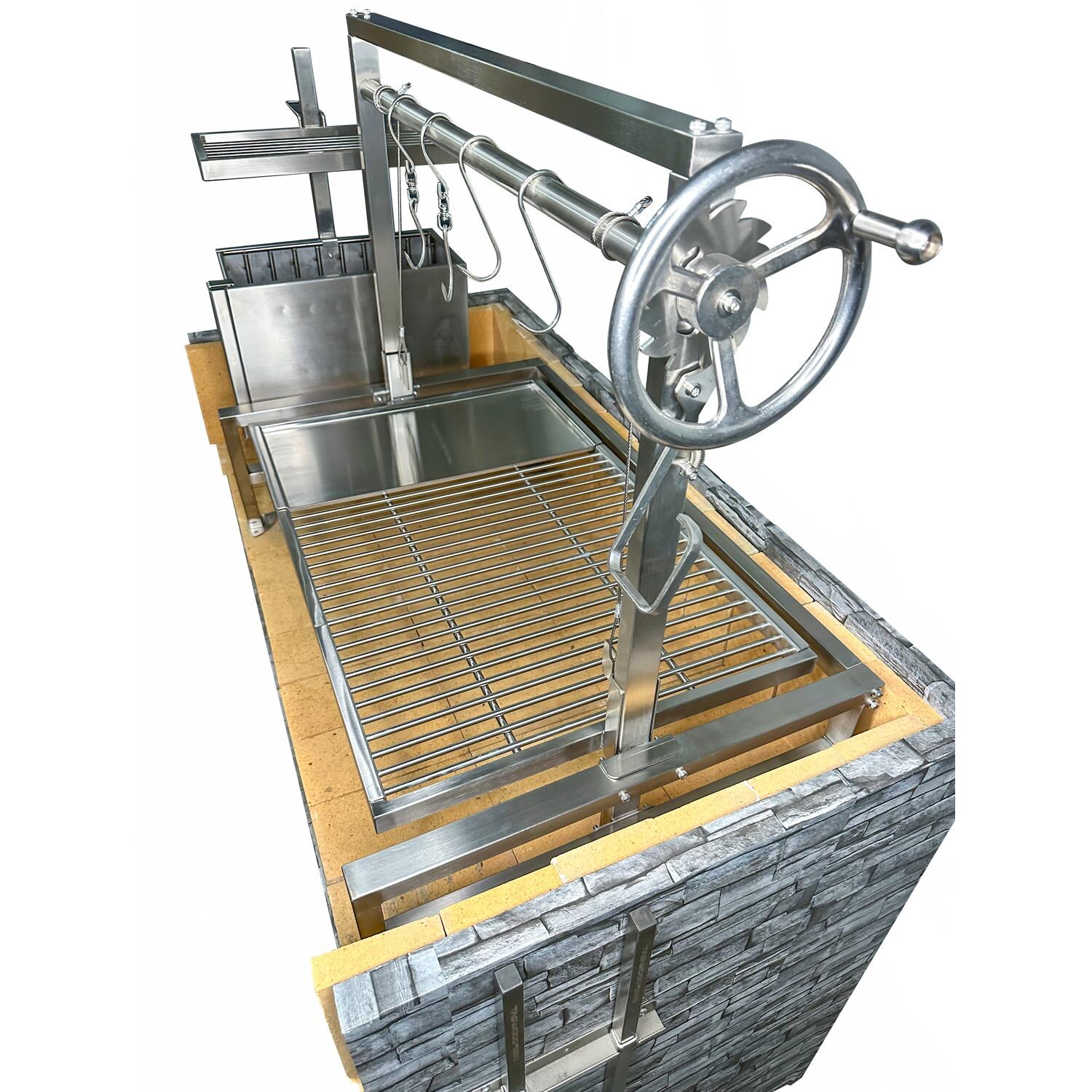 Tagwood BBQ BBQ09SSFRONT Insert Style Argentine Santa Maria Wood Fire & Charcoal Gaucho Grill without firebricks - Side (Shown Installed in Island) - White Background thumbnail