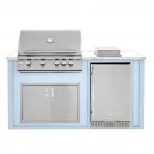 BBQGuys.com 6 Ft BBQ Island With Blaze 32-Inch Natural Gas Grill, Double Access Door, Outdoor-Rated Compact Refrigerator & Side Burner - Blue/White - BLZAD4.1SBNG-6SBVP4DBNW image