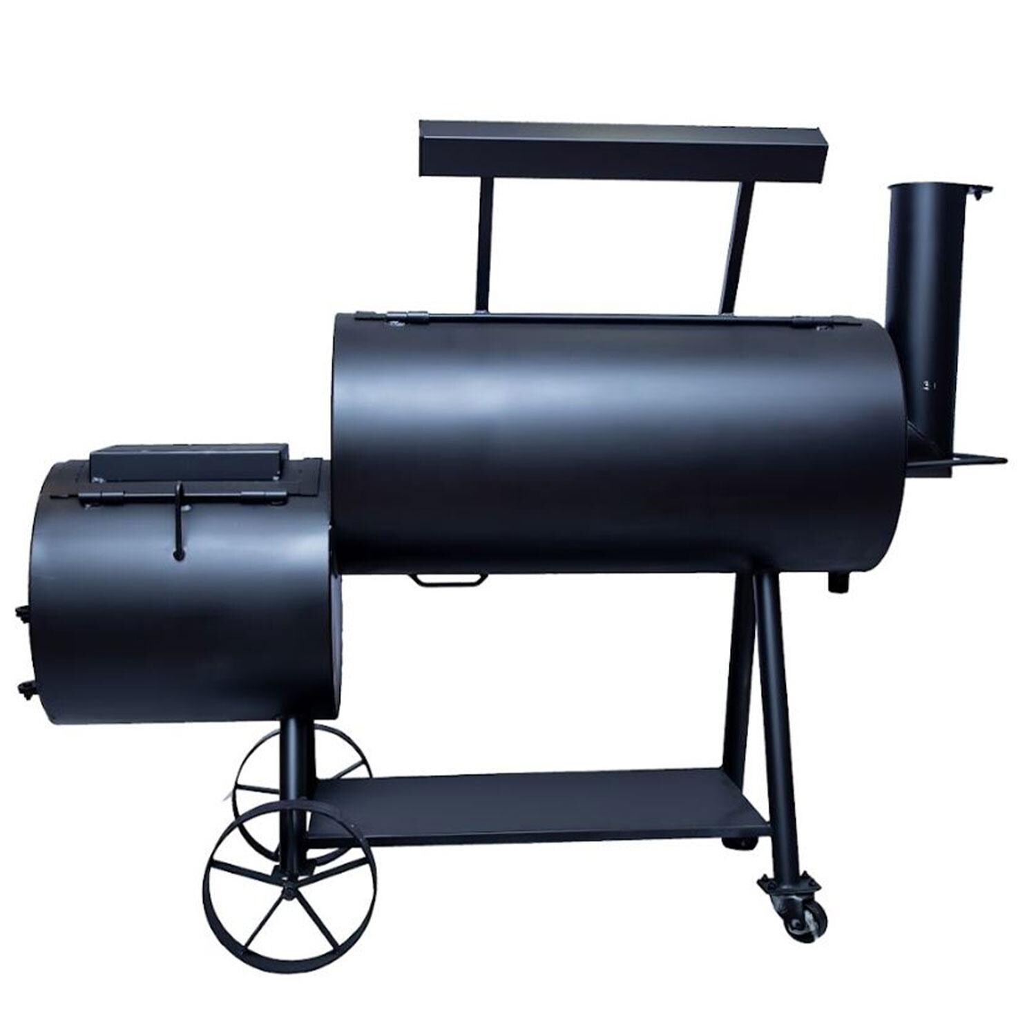 Old Country BBQ Pits OC20X60L Brazos Loaded 35 Inch Offset Charcoal Smoker W/ Counter Weight - Rear View - White Background thumbnail